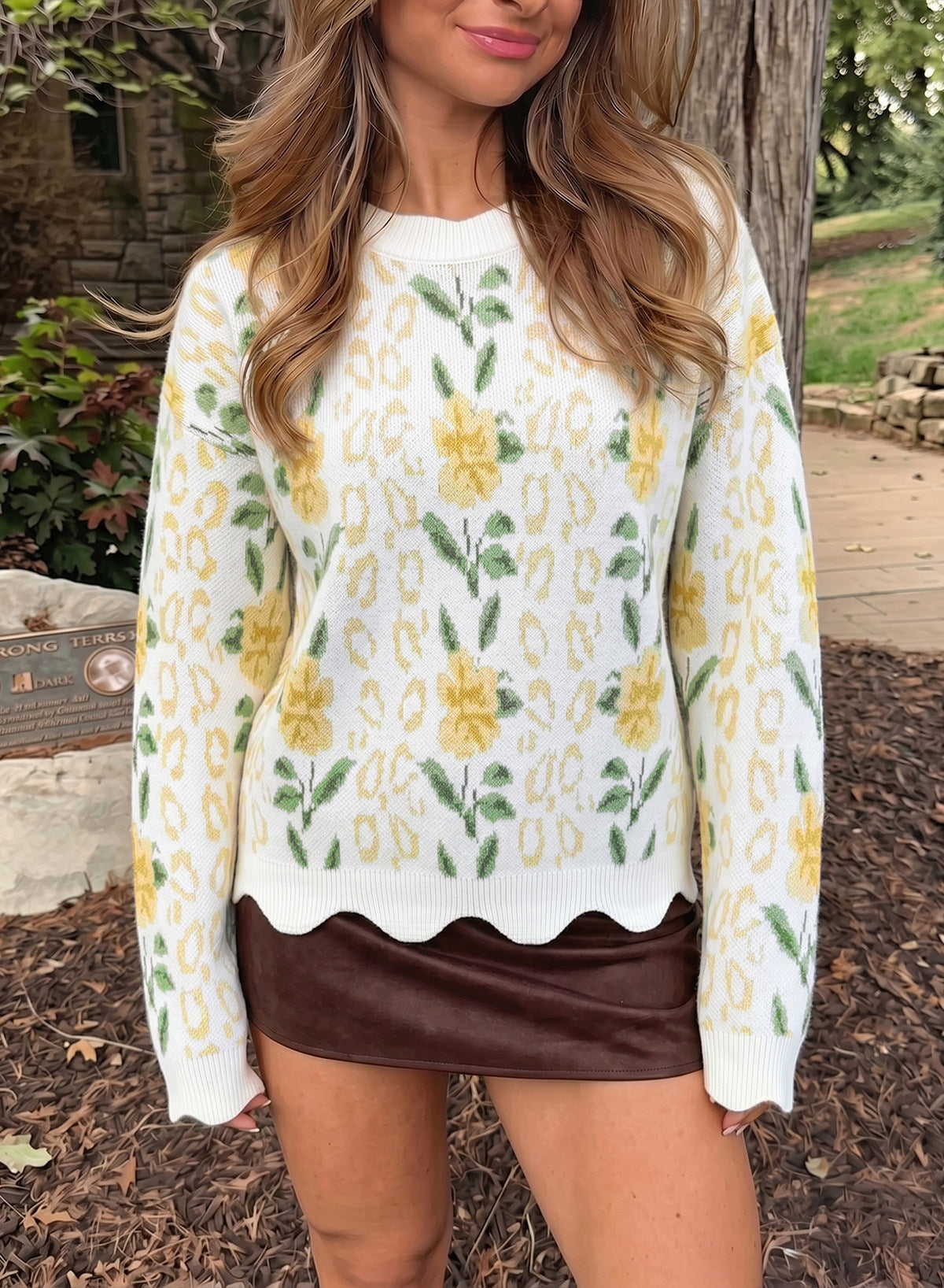 Dokotoo Womens Sweaters Long Sleeve Scalloped Trim Floral Fall Tops