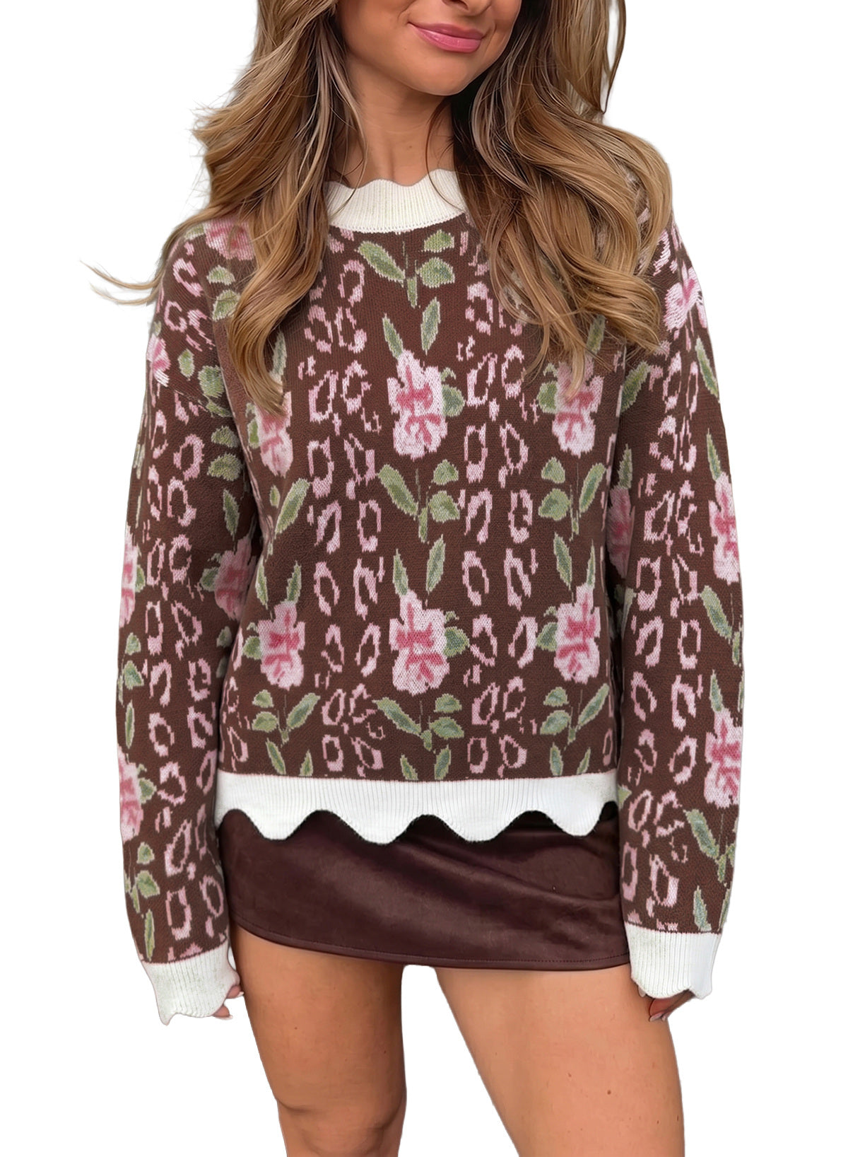 Dokotoo Womens Sweaters Long Sleeve Scalloped Trim Floral Fall Tops