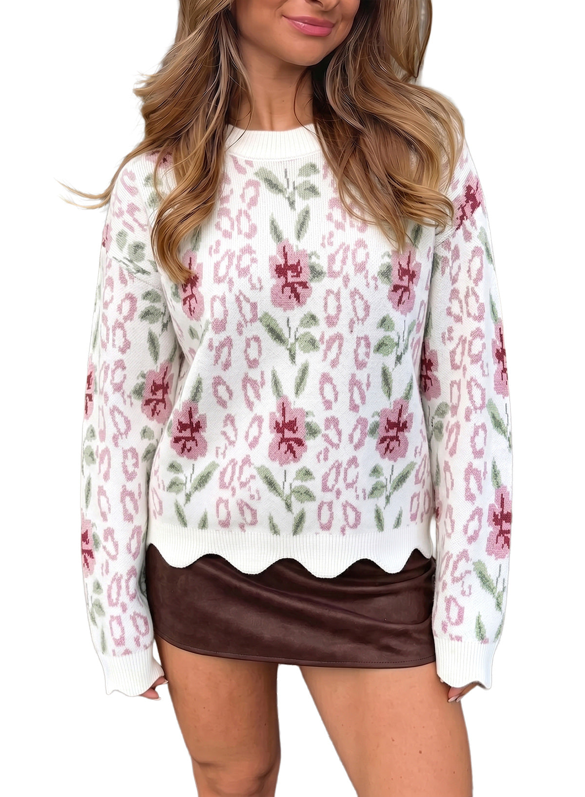 Dokotoo Womens Sweaters Long Sleeve Scalloped Trim Floral Fall Tops