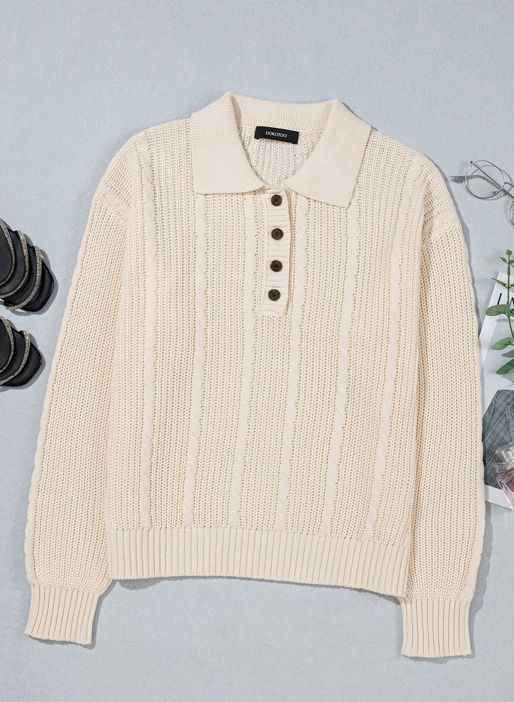 Dokotoo Sweaters for Women Long Sleeve Striped Color Block Button Polo Lapel Collar Cable Knit Casual Pullover Sweater Tops