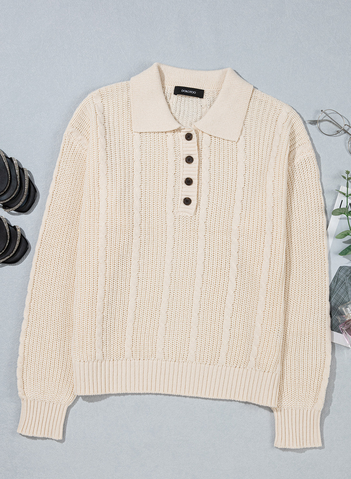 Dokotoo Sweaters for Women Long Sleeve Striped Color Block Button Polo Lapel Collar Cable Knit Casual Pullover Sweater Tops