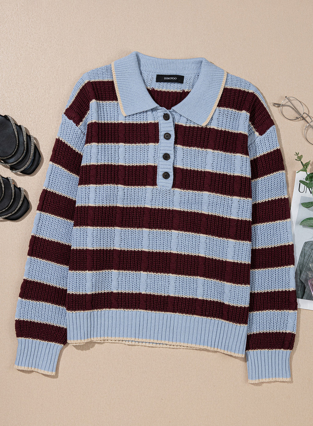 Dokotoo Sweaters for Women Long Sleeve Striped Color Block Button Polo Lapel Collar Cable Knit Casual Pullover Sweater Tops