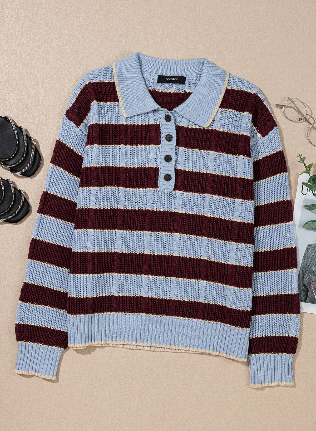 Dokotoo Sweaters for Women Long Sleeve Striped Color Block Button Polo Lapel Collar Cable Knit Casual Pullover Sweater Tops