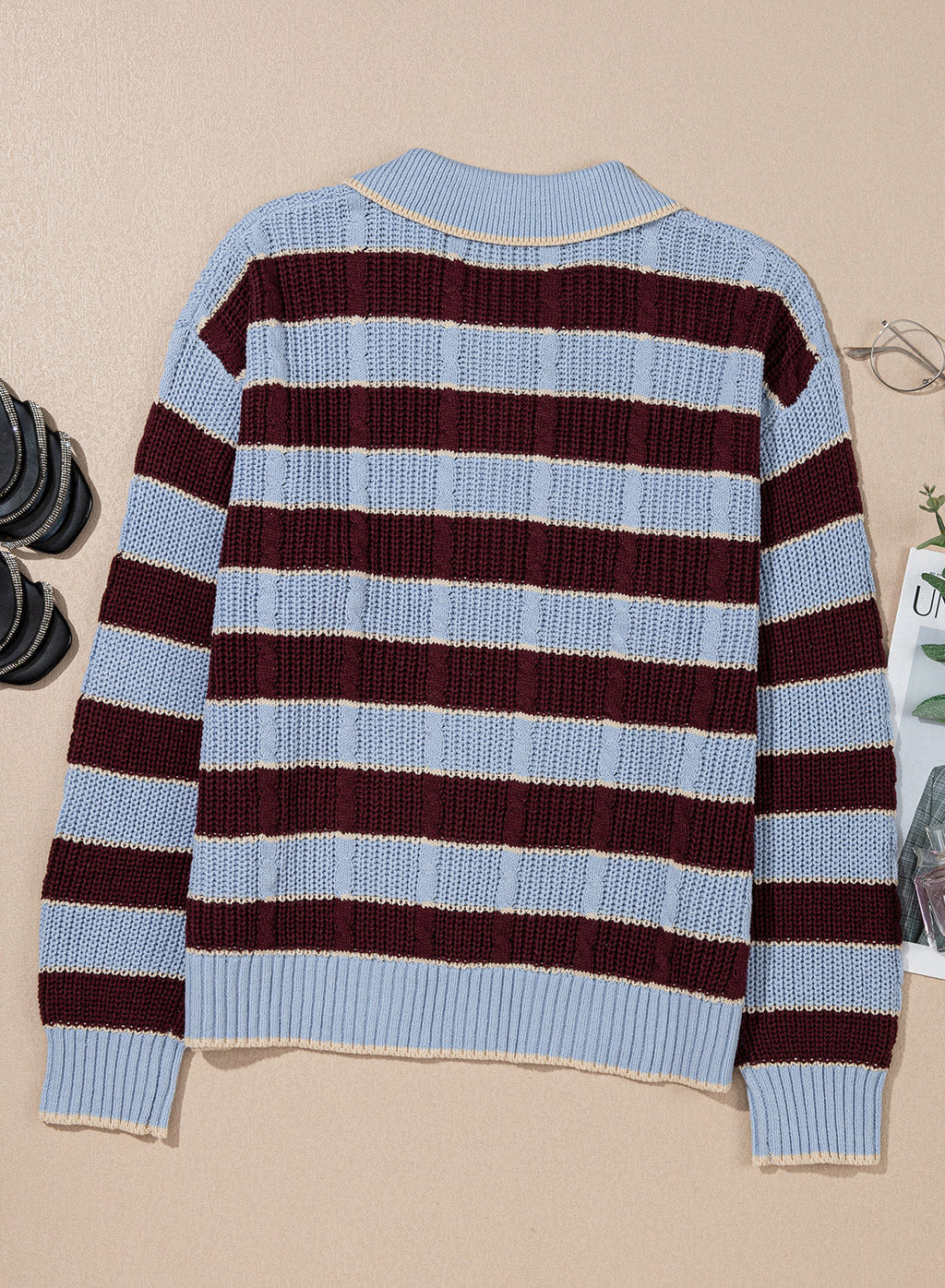 Dokotoo Sweaters for Women Long Sleeve Striped Color Block Button Polo Lapel Collar Cable Knit Casual Pullover Sweater Tops