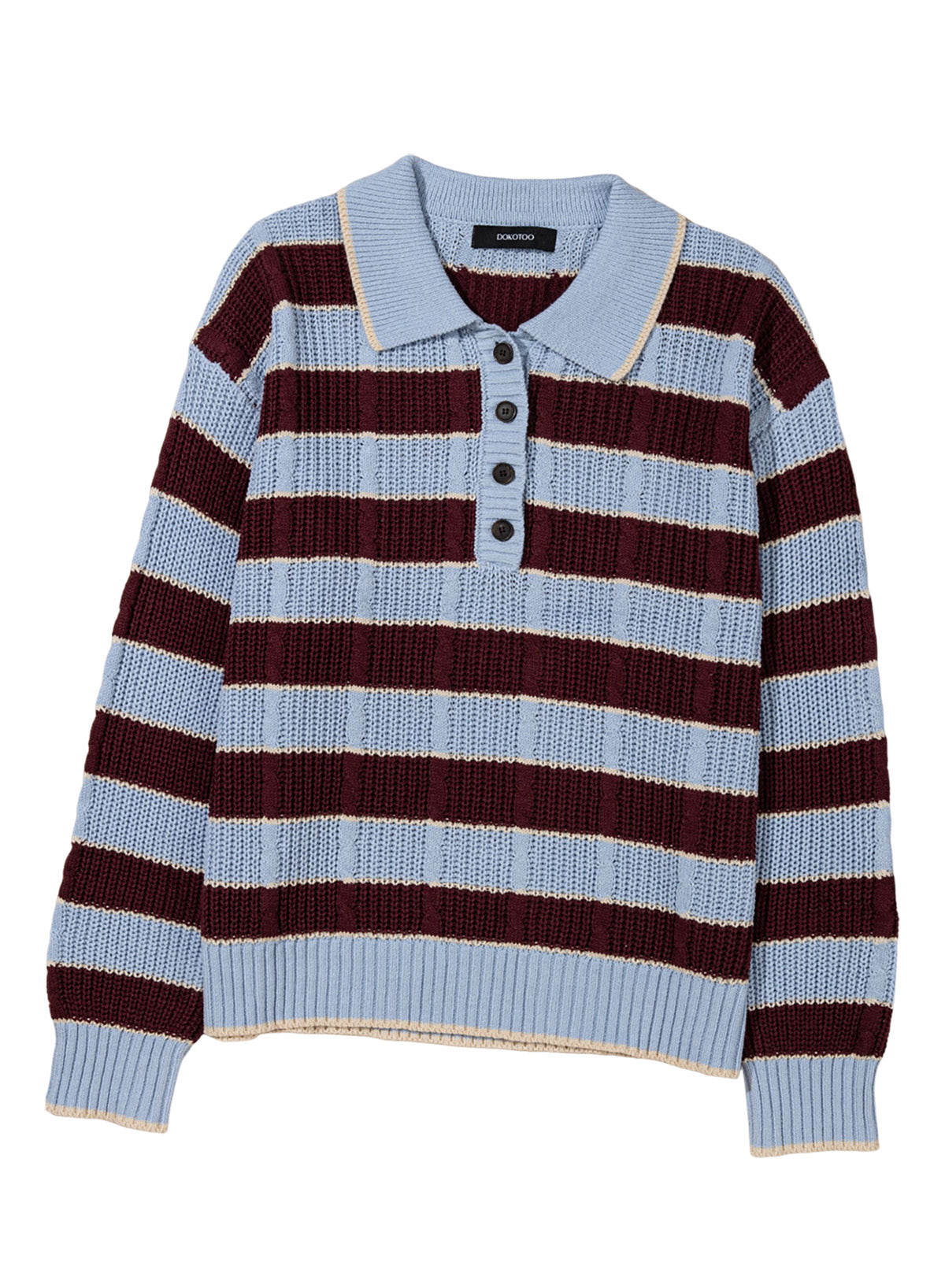 Dokotoo Sweaters for Women Long Sleeve Striped Color Block Button Polo Lapel Collar Cable Knit Casual Pullover Sweater Tops