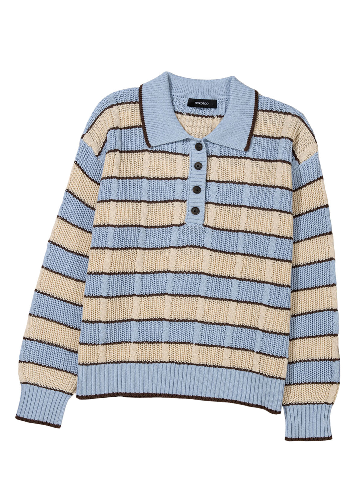 Dokotoo Sweaters for Women Long Sleeve Striped Color Block Button Polo Lapel Collar Cable Knit Casual Pullover Sweater Tops