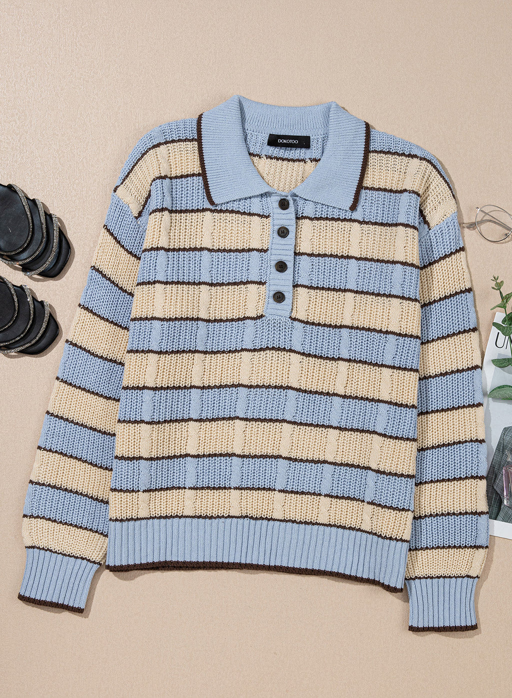 Dokotoo Sweaters for Women Long Sleeve Striped Color Block Button Polo Lapel Collar Cable Knit Casual Pullover Sweater Tops