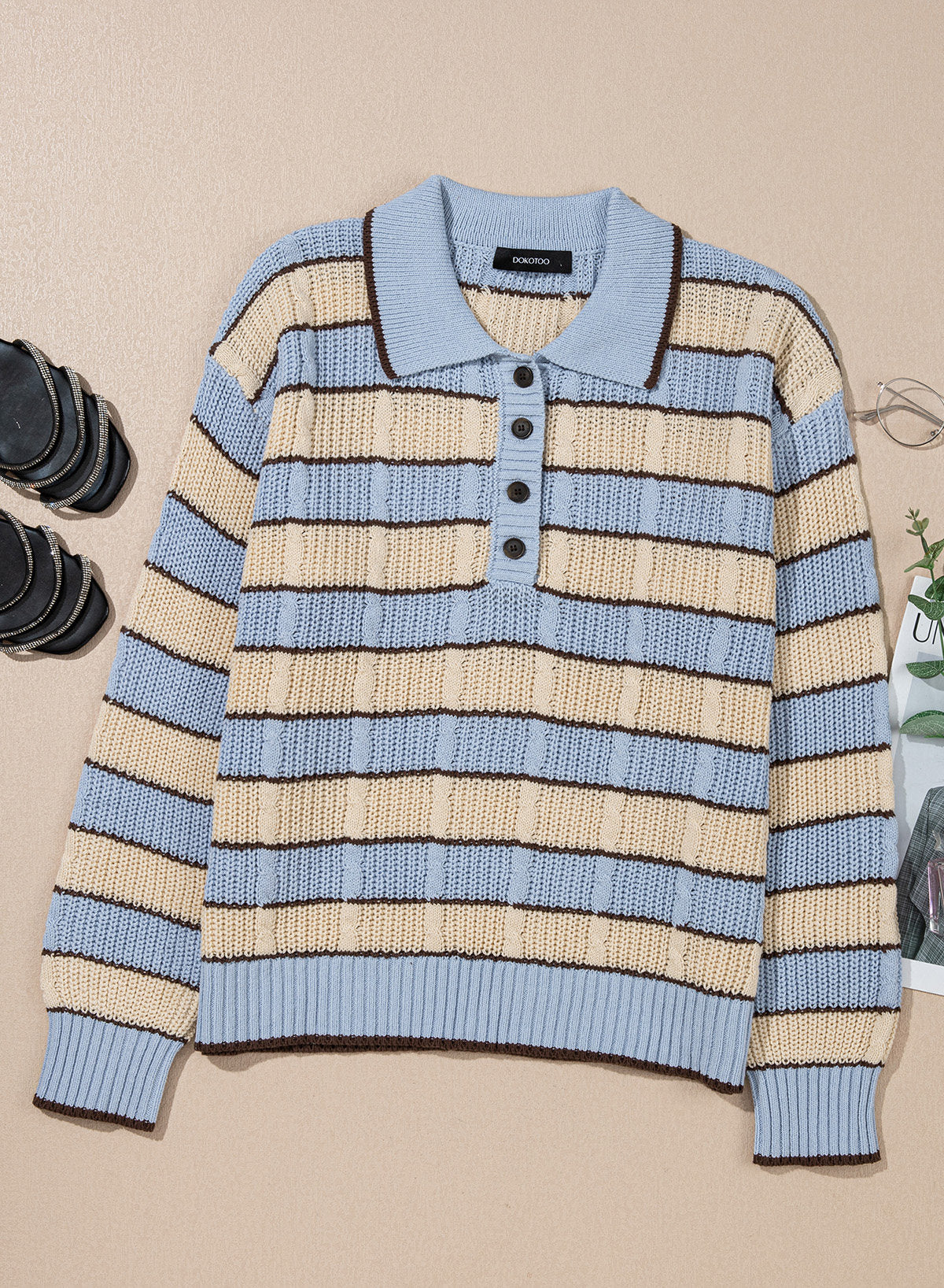 Dokotoo Sweaters for Women Long Sleeve Striped Color Block Button Polo Lapel Collar Cable Knit Casual Pullover Sweater Tops