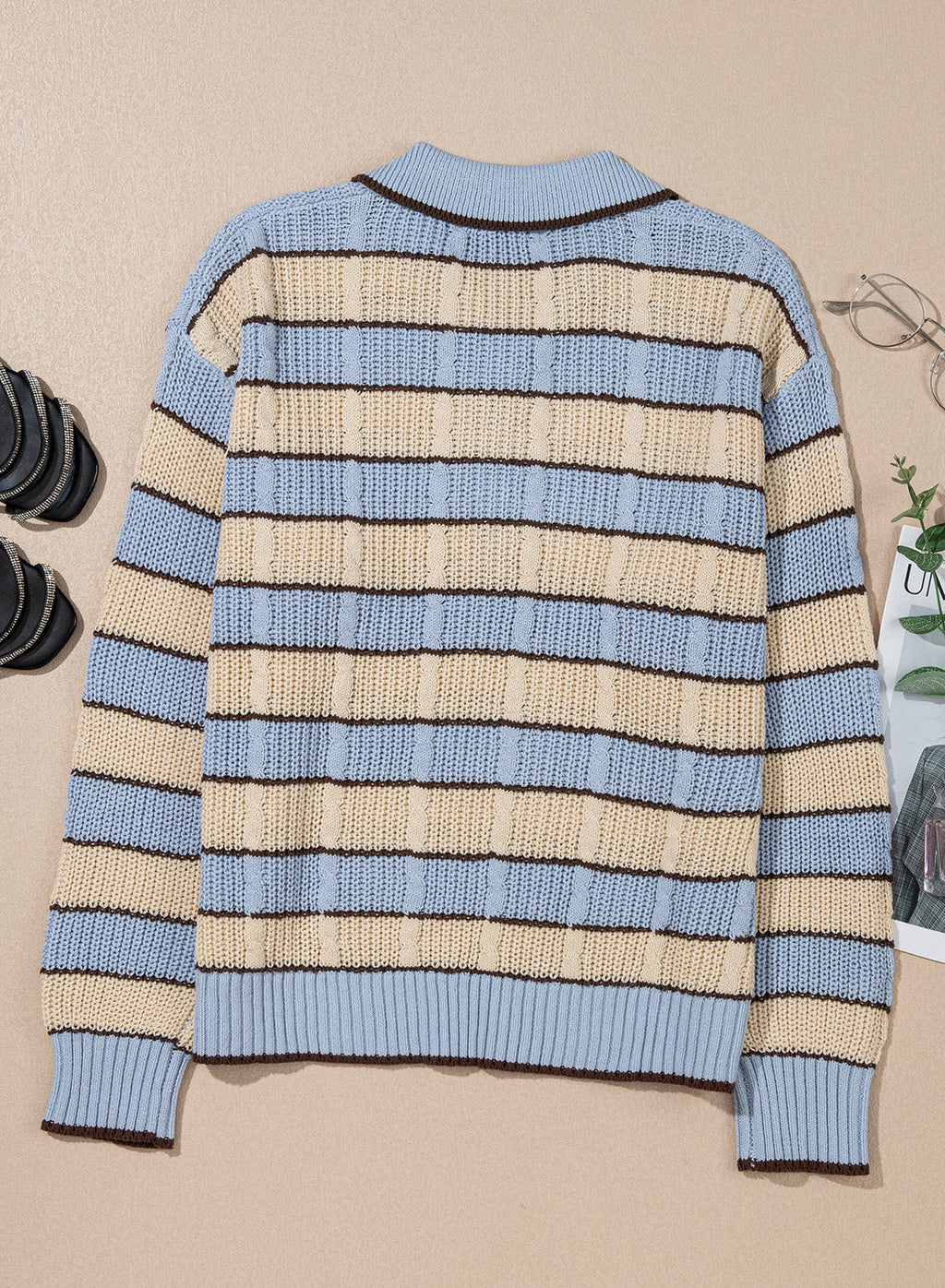 Dokotoo Sweaters for Women Long Sleeve Striped Color Block Button Polo Lapel Collar Cable Knit Casual Pullover Sweater Tops