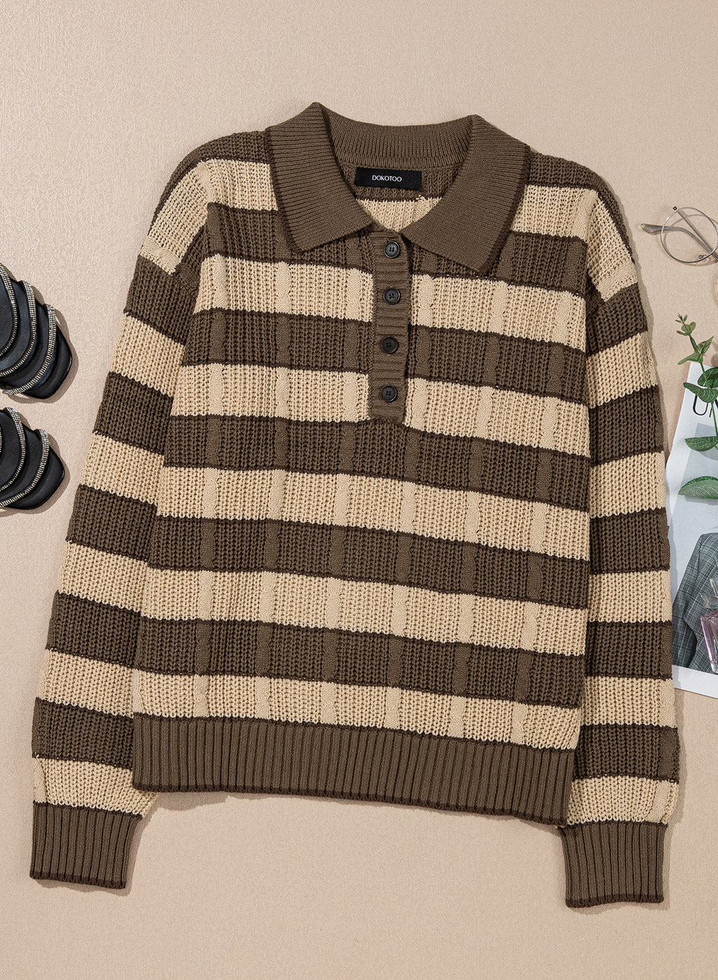 Dokotoo Sweaters for Women Long Sleeve Striped Color Block Button Polo Lapel Collar Cable Knit Casual Pullover Sweater Tops
