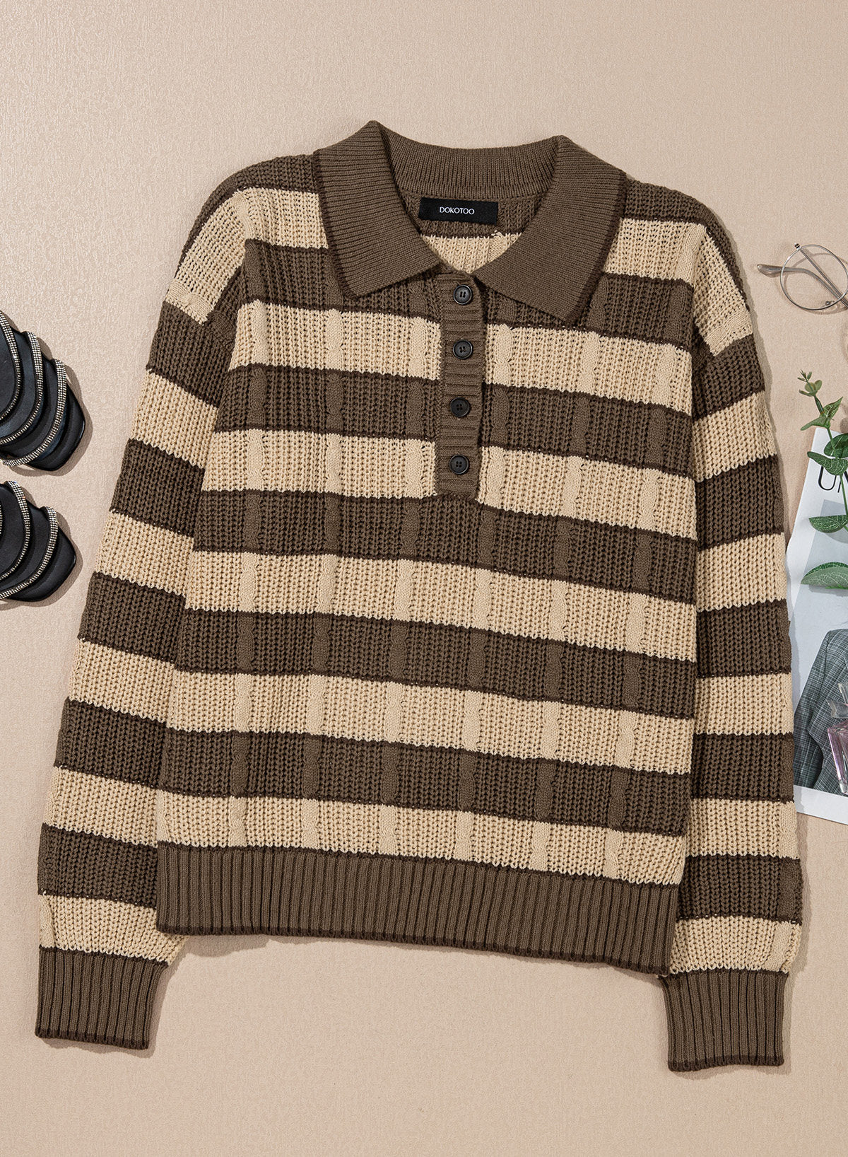 Dokotoo Sweaters for Women Long Sleeve Striped Color Block Button Polo Lapel Collar Cable Knit Casual Pullover Sweater Tops