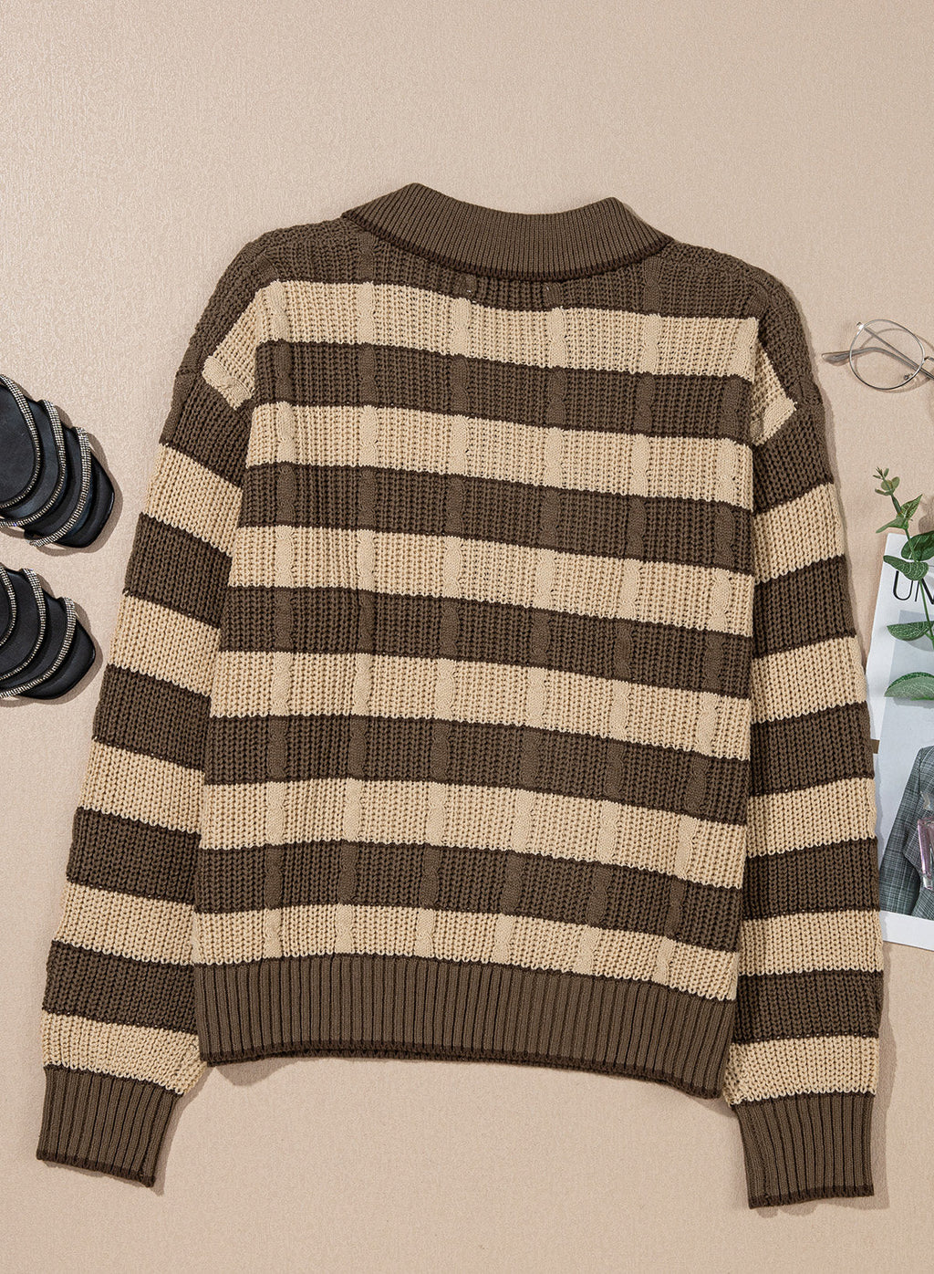 Dokotoo Sweaters for Women Long Sleeve Striped Color Block Button Polo Lapel Collar Cable Knit Casual Pullover Sweater Tops