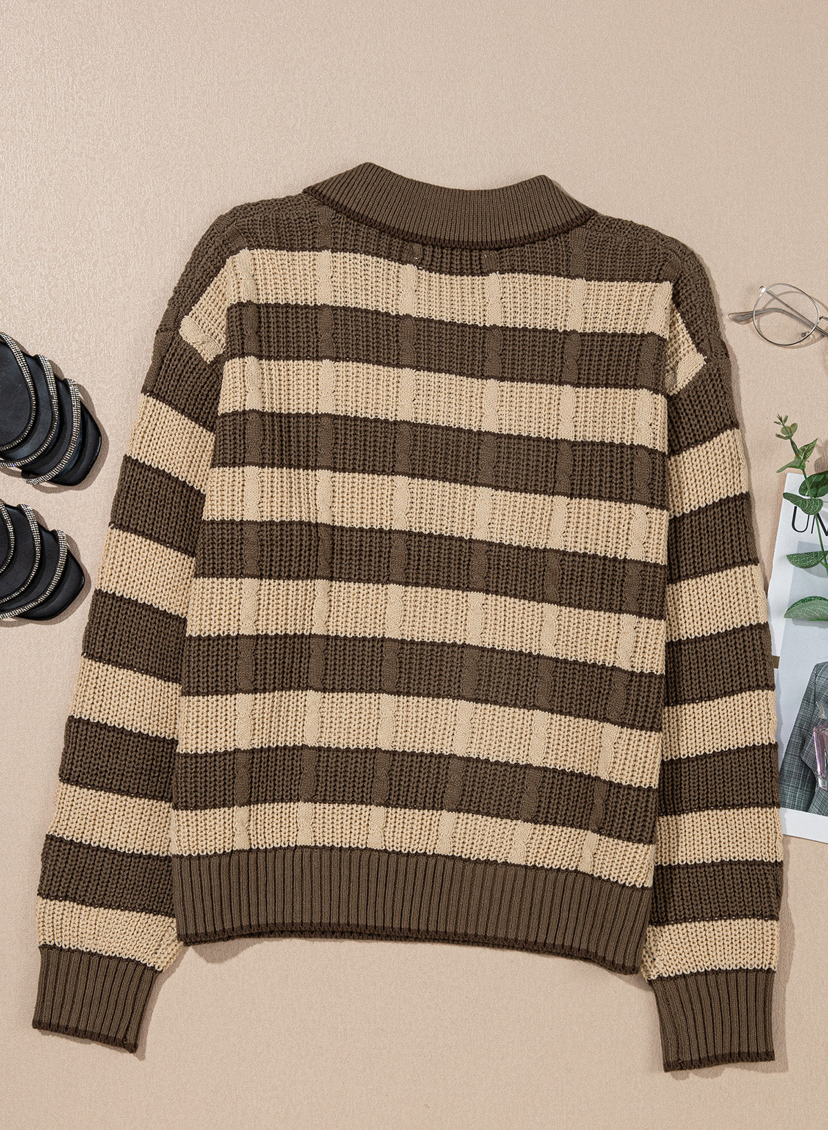 Dokotoo Sweaters for Women Long Sleeve Striped Color Block Button Polo Lapel Collar Cable Knit Casual Pullover Sweater Tops