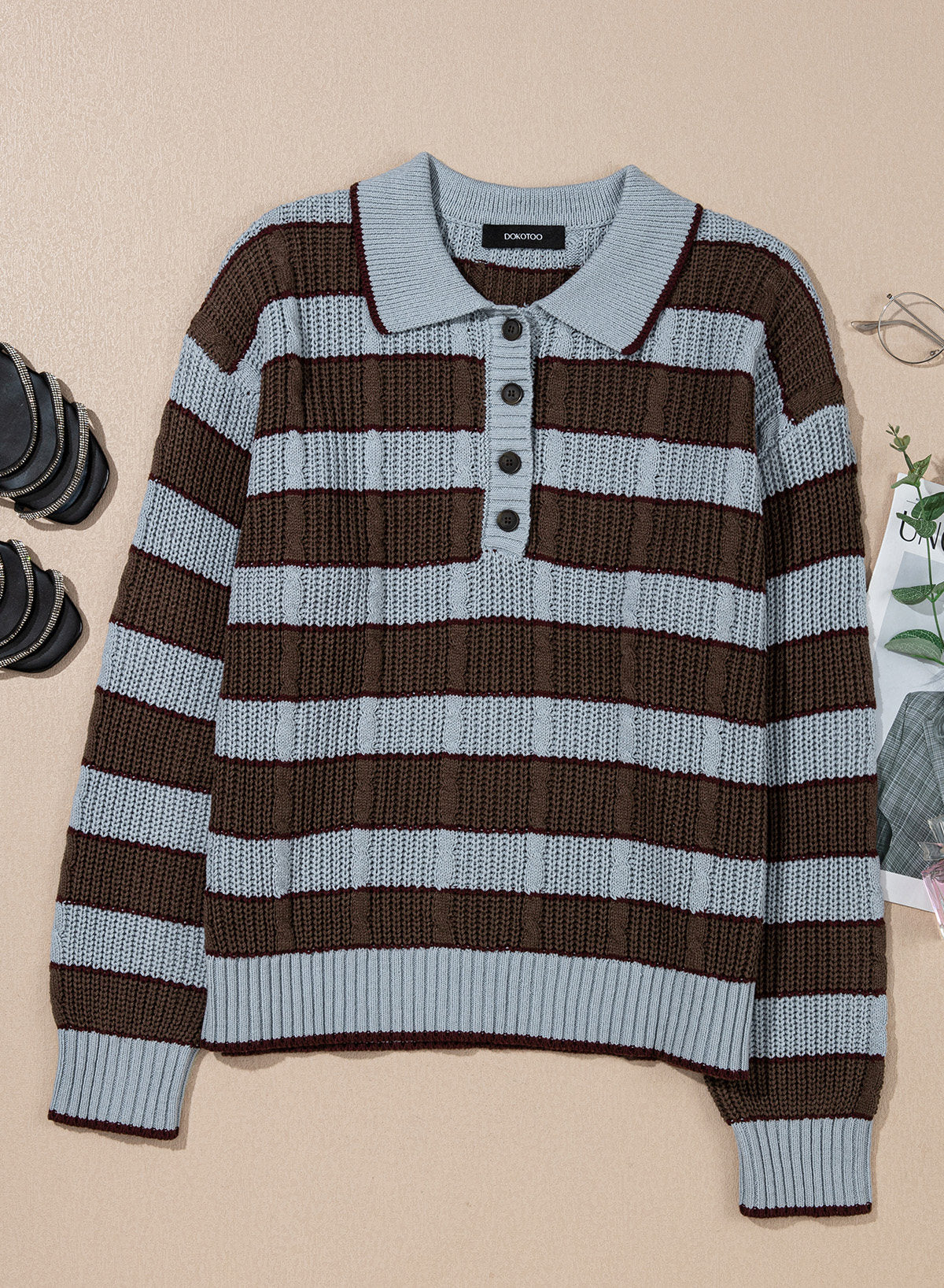 Dokotoo Sweaters for Women Long Sleeve Striped Color Block Button Polo Lapel Collar Cable Knit Casual Pullover Sweater Tops