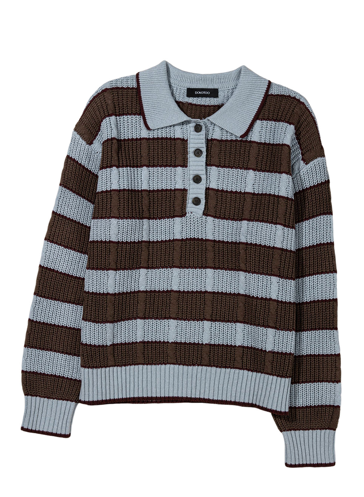Dokotoo Sweaters for Women Long Sleeve Striped Color Block Button Polo Lapel Collar Cable Knit Casual Pullover Sweater Tops