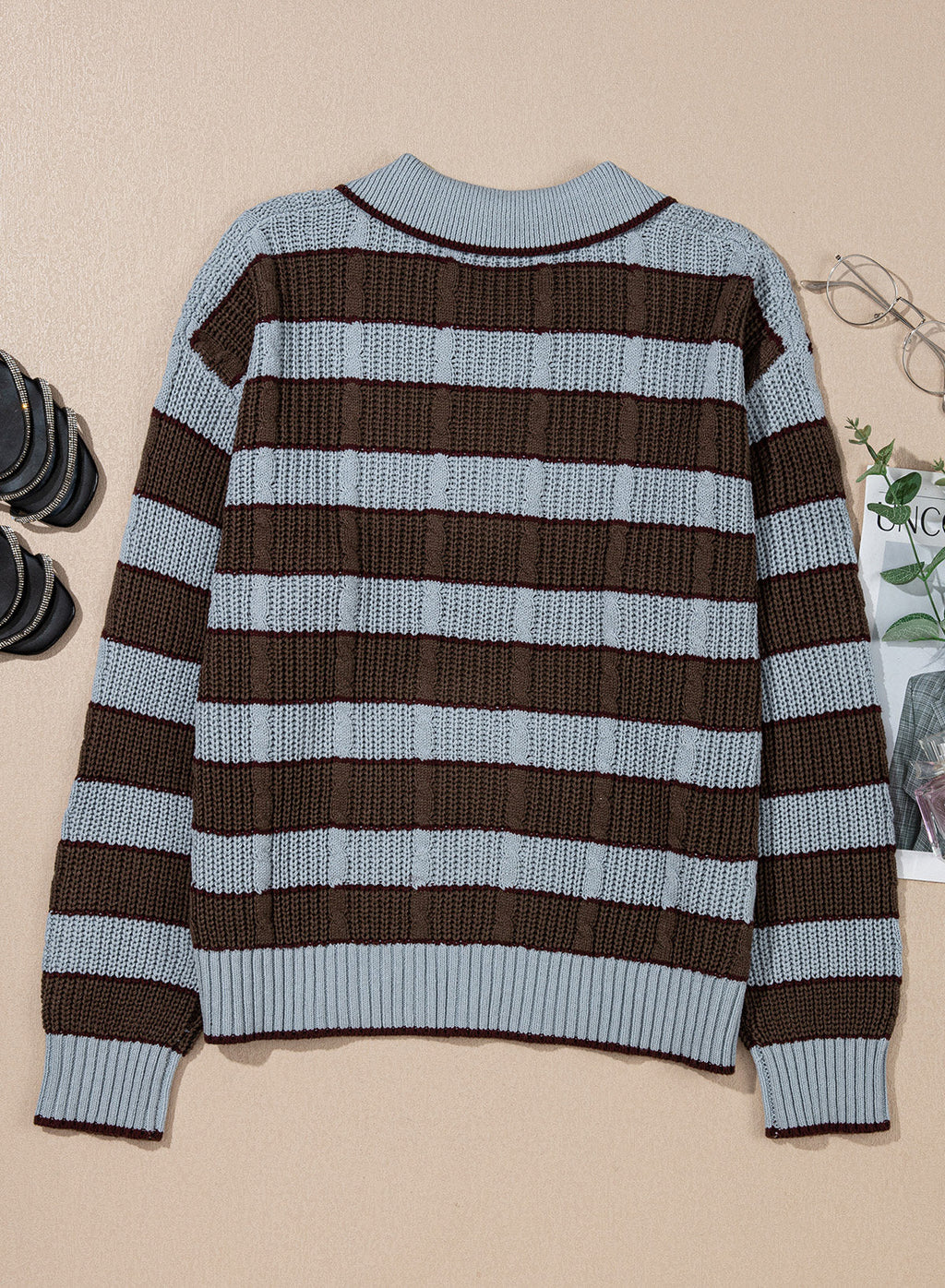 Dokotoo Sweaters for Women Long Sleeve Striped Color Block Button Polo Lapel Collar Cable Knit Casual Pullover Sweater Tops
