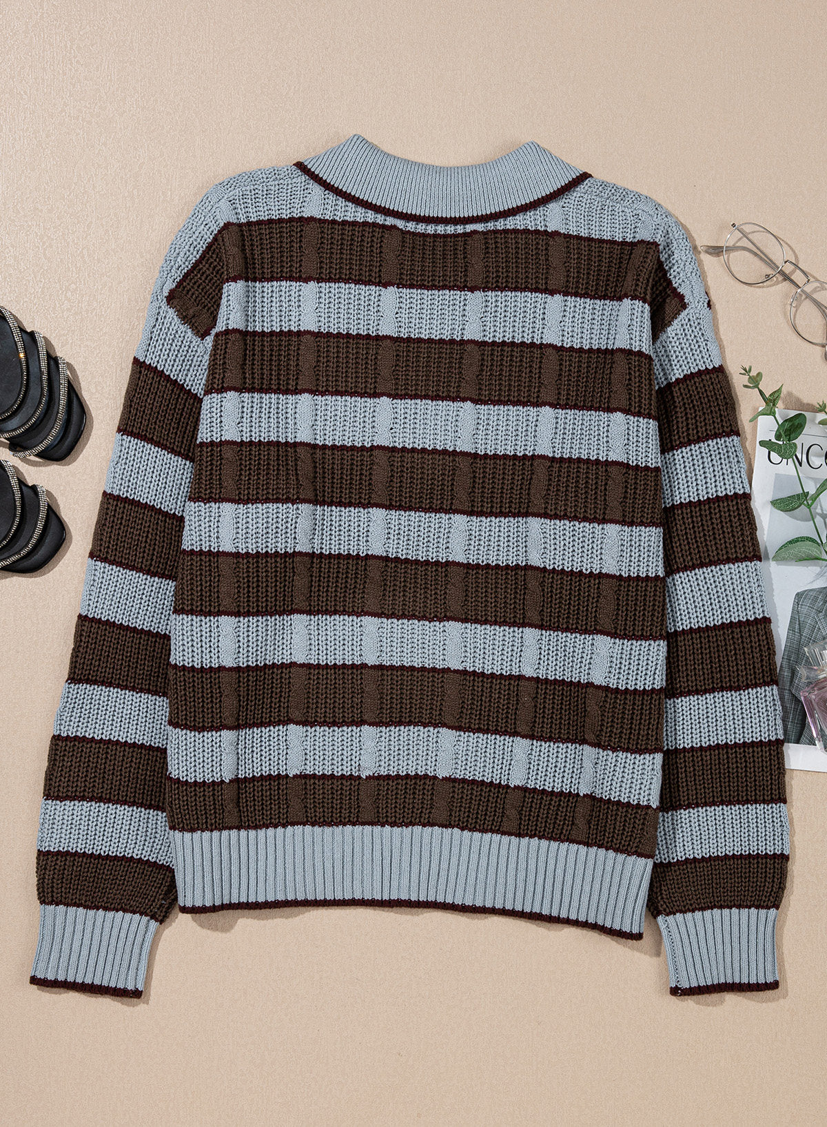 Dokotoo Sweaters for Women Long Sleeve Striped Color Block Button Polo Lapel Collar Cable Knit Casual Pullover Sweater Tops