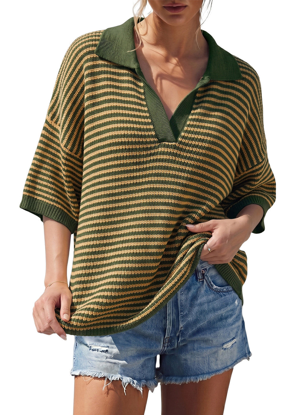 Collared Neck Contrast Striped Top and Shorts Sweater Set