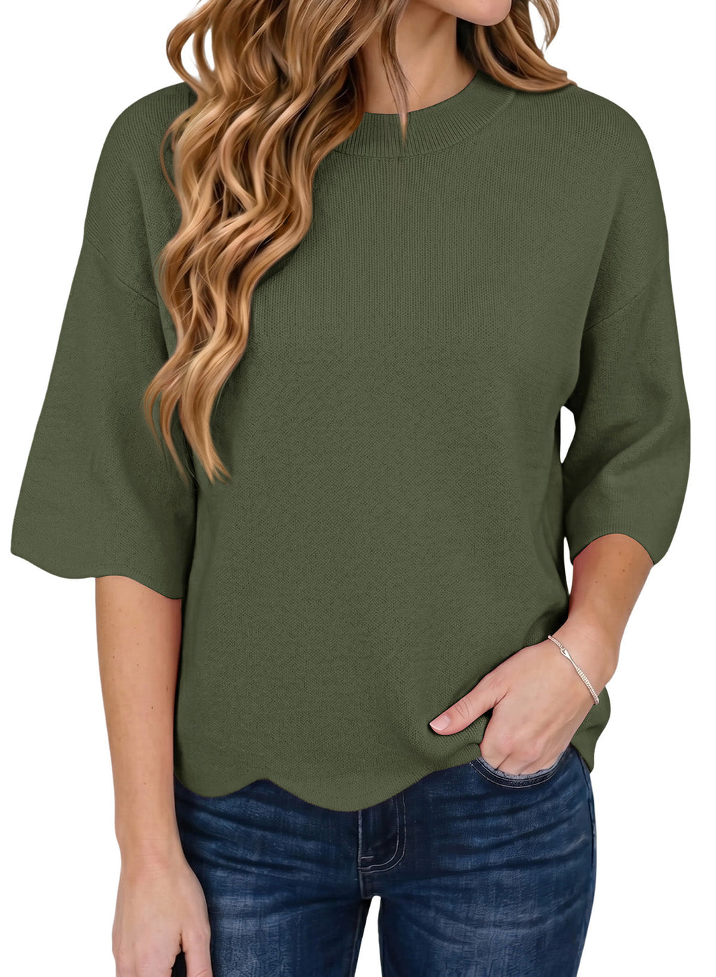Sweaters for Women 3/4 Sleeve Scalloped Hem Top