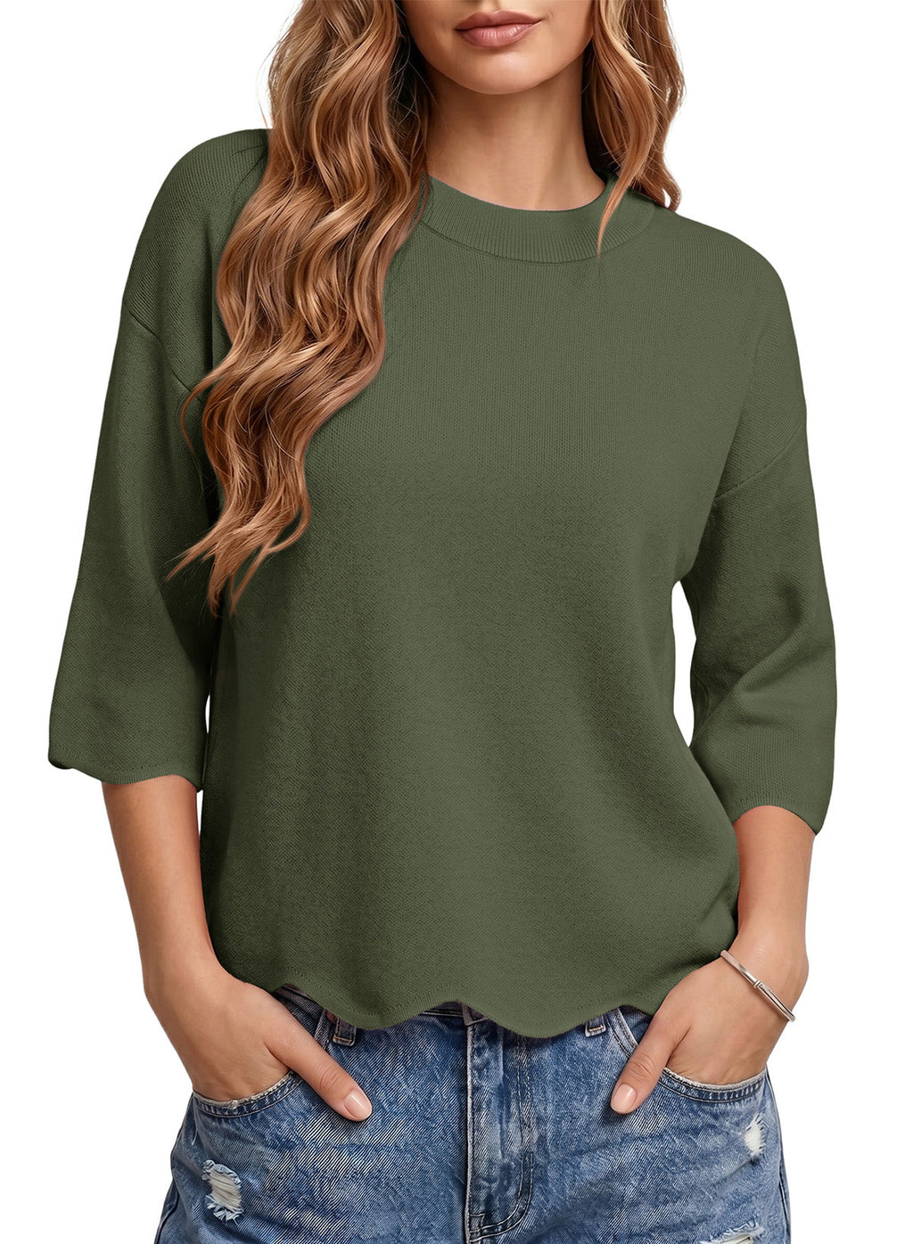 Sweaters for Women 3/4 Sleeve Scalloped Hem Top