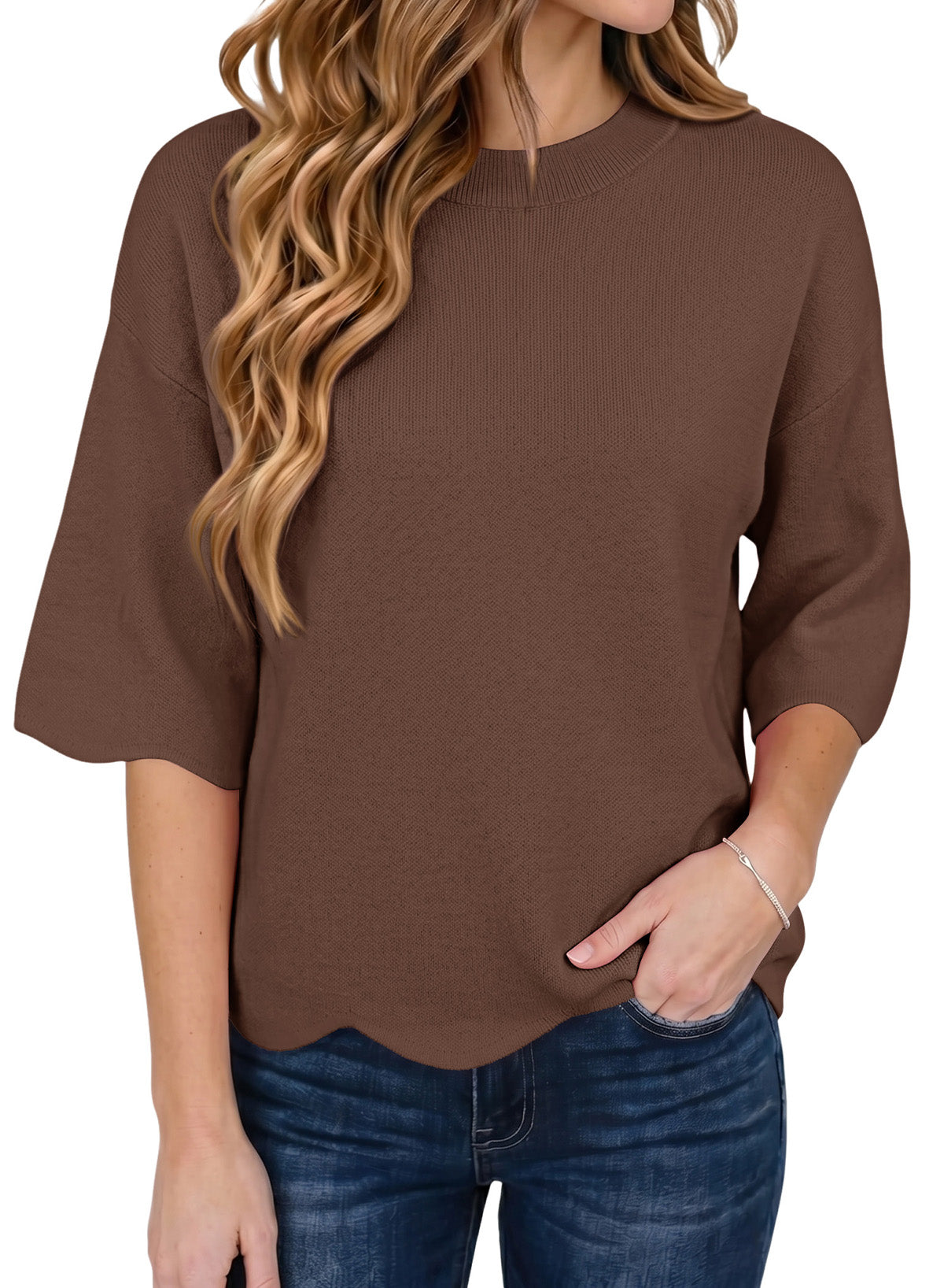 Sweaters for Women 3/4 Sleeve Scalloped Hem Top