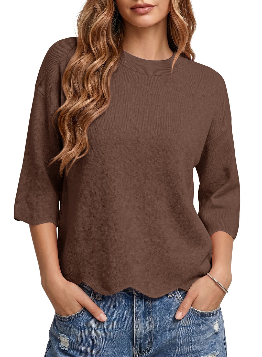 Sweaters for Women 3/4 Sleeve Scalloped Hem Top