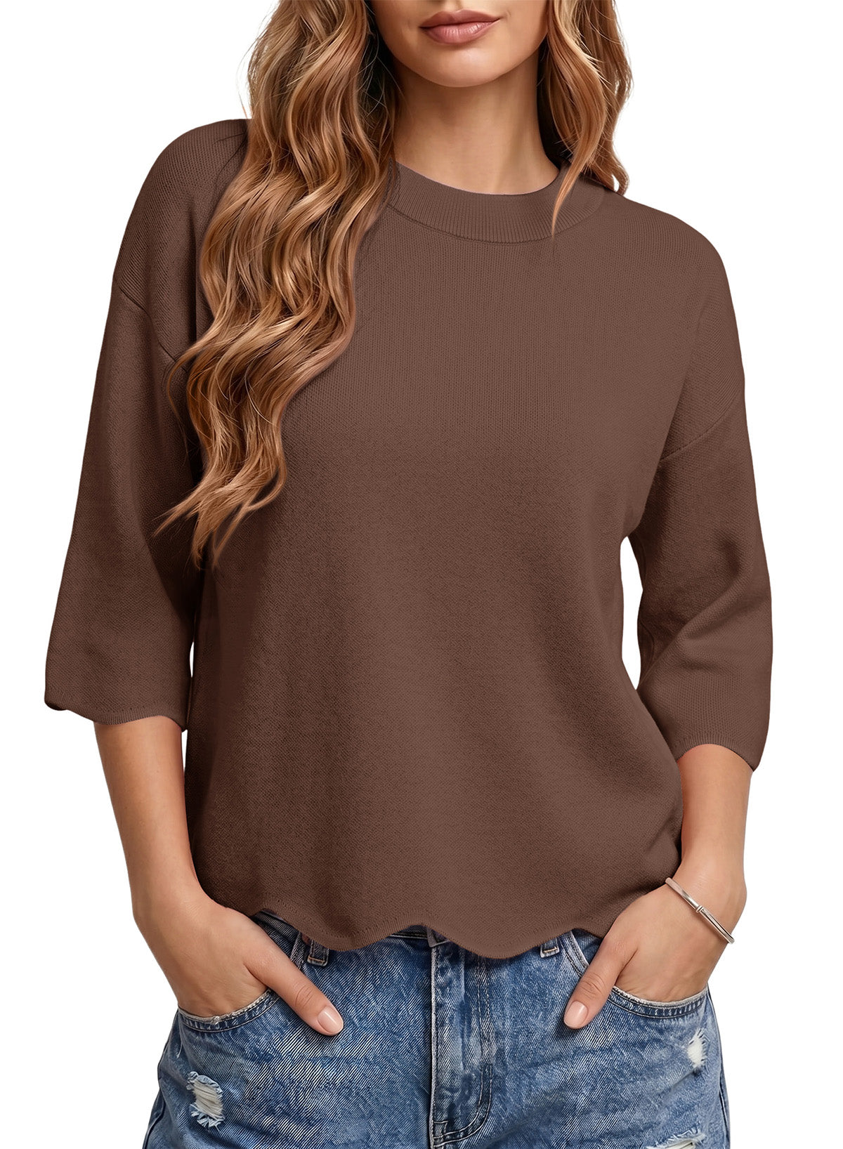 Sweaters for Women 3/4 Sleeve Scalloped Hem Top