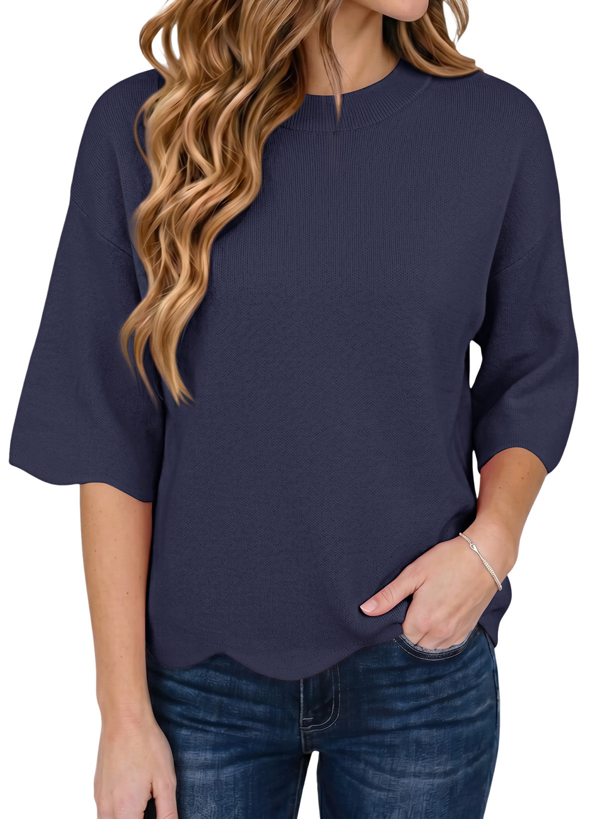 Sweaters for Women 3/4 Sleeve Scalloped Hem Top