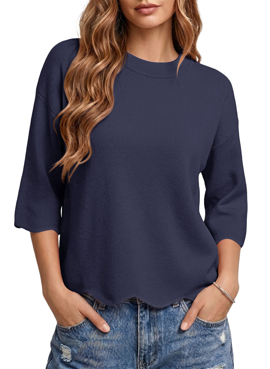 Sweaters for Women 3/4 Sleeve Scalloped Hem Top