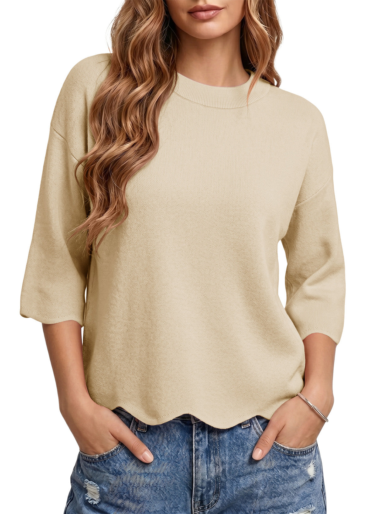 Sweaters for Women 3/4 Sleeve Scalloped Hem Top