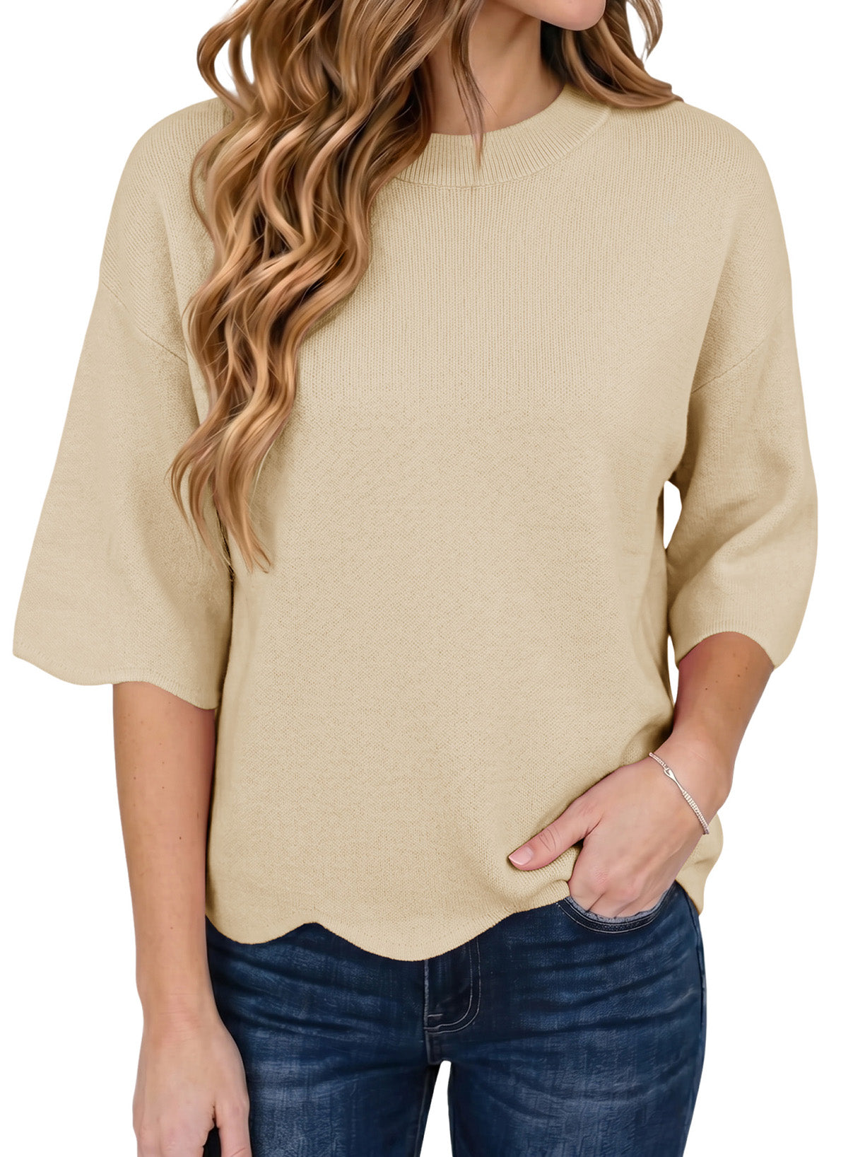 Sweaters for Women 3/4 Sleeve Scalloped Hem Top