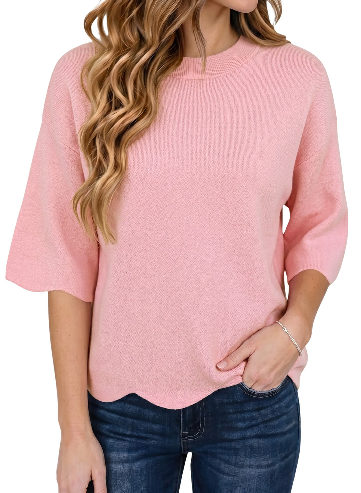 Sweaters for Women 3/4 Sleeve Scalloped Hem Top