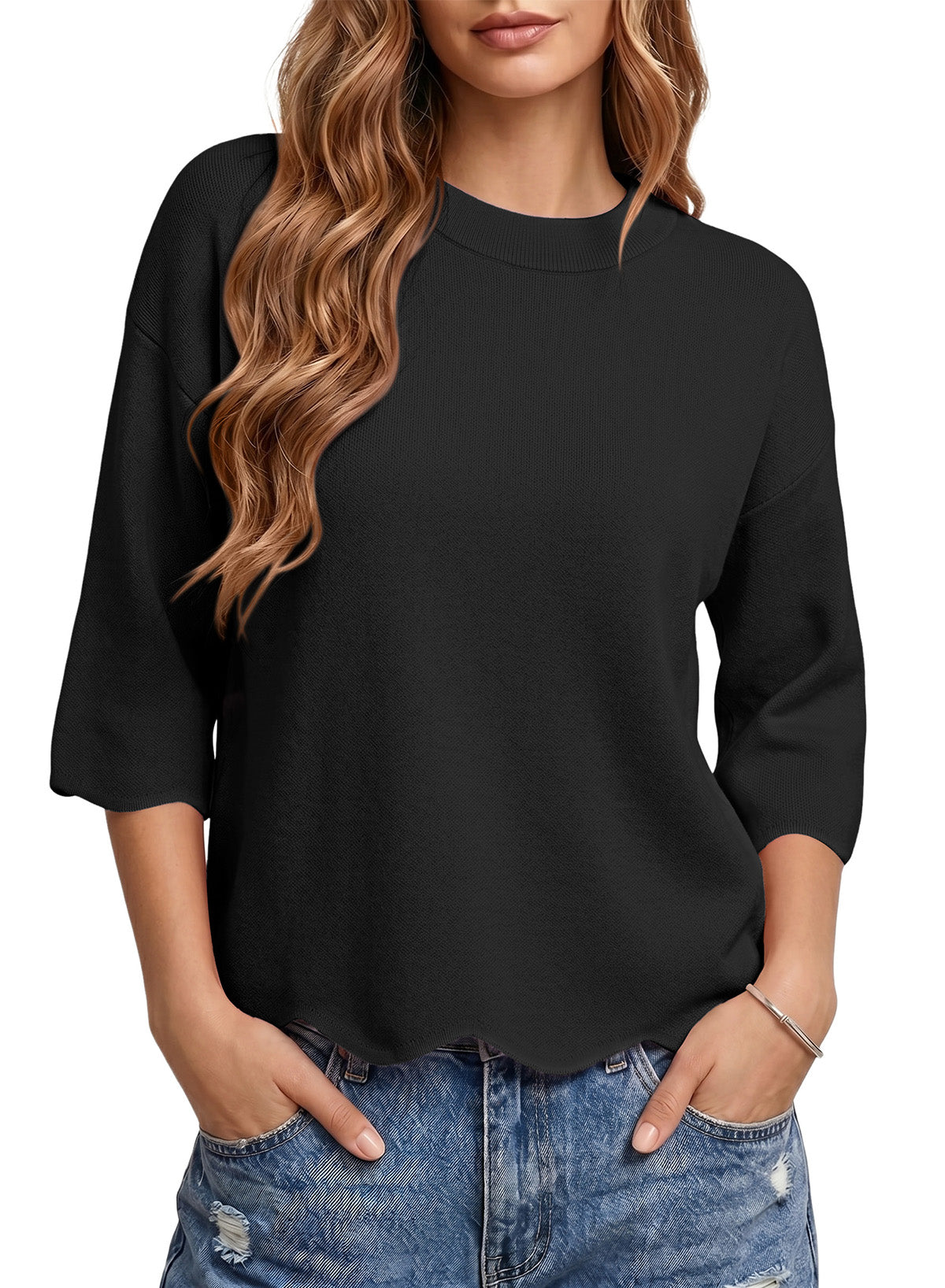 Sweaters for Women 3/4 Sleeve Scalloped Hem Top