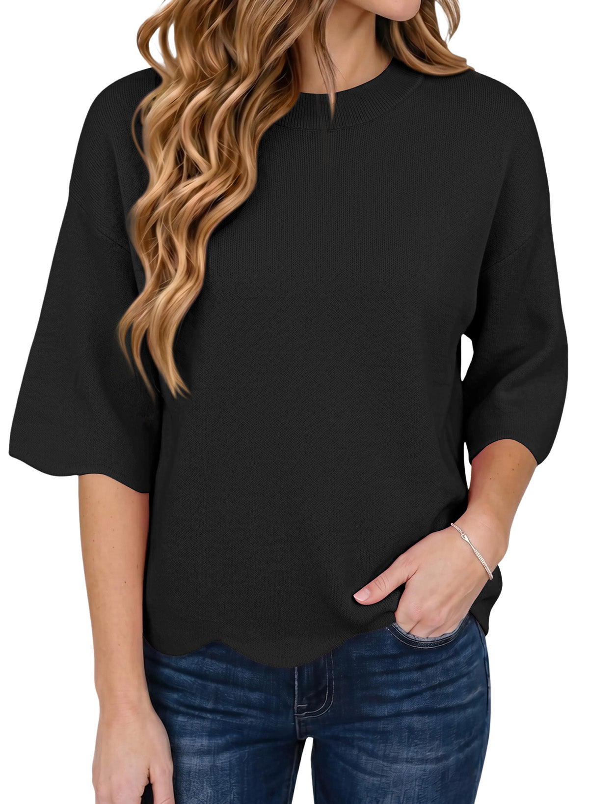 Sweaters for Women 3/4 Sleeve Scalloped Hem Top