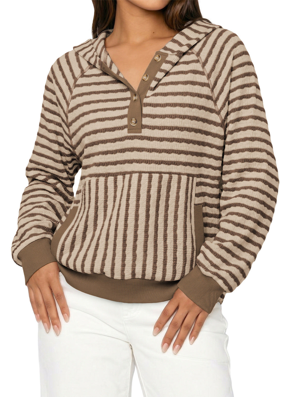 Dokotoo Women's Striped Hoodies V Neck Button Pullover Sweatshirt Tops