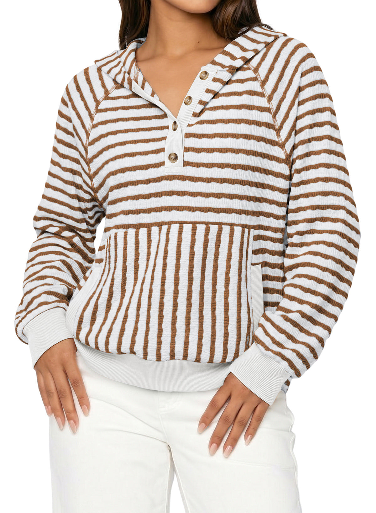 Dokotoo Women's Striped Hoodies V Neck Button Pullover Sweatshirt Tops