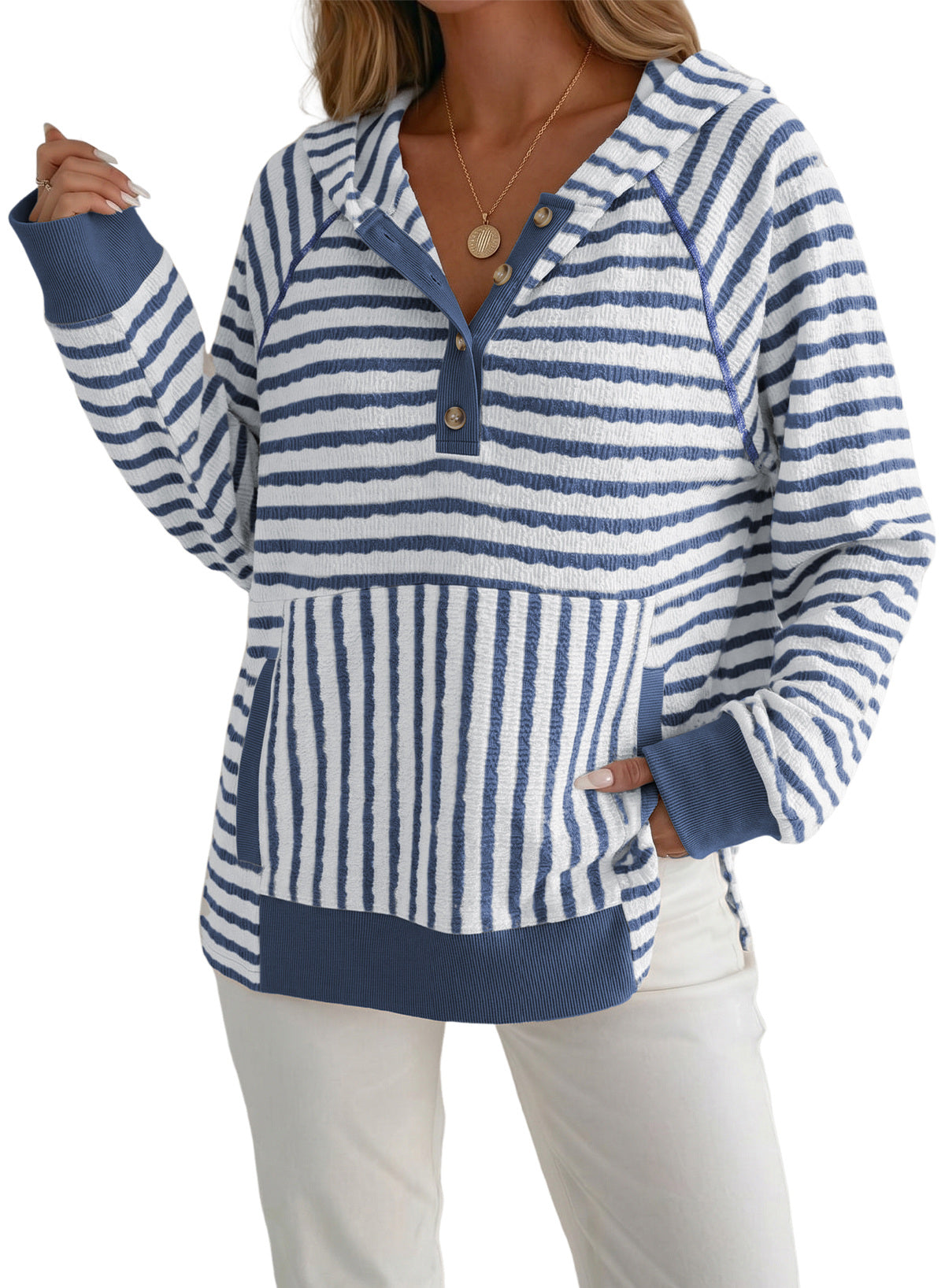 Dokotoo Women's Striped Hoodies V Neck Button Pullover Sweatshirt Tops