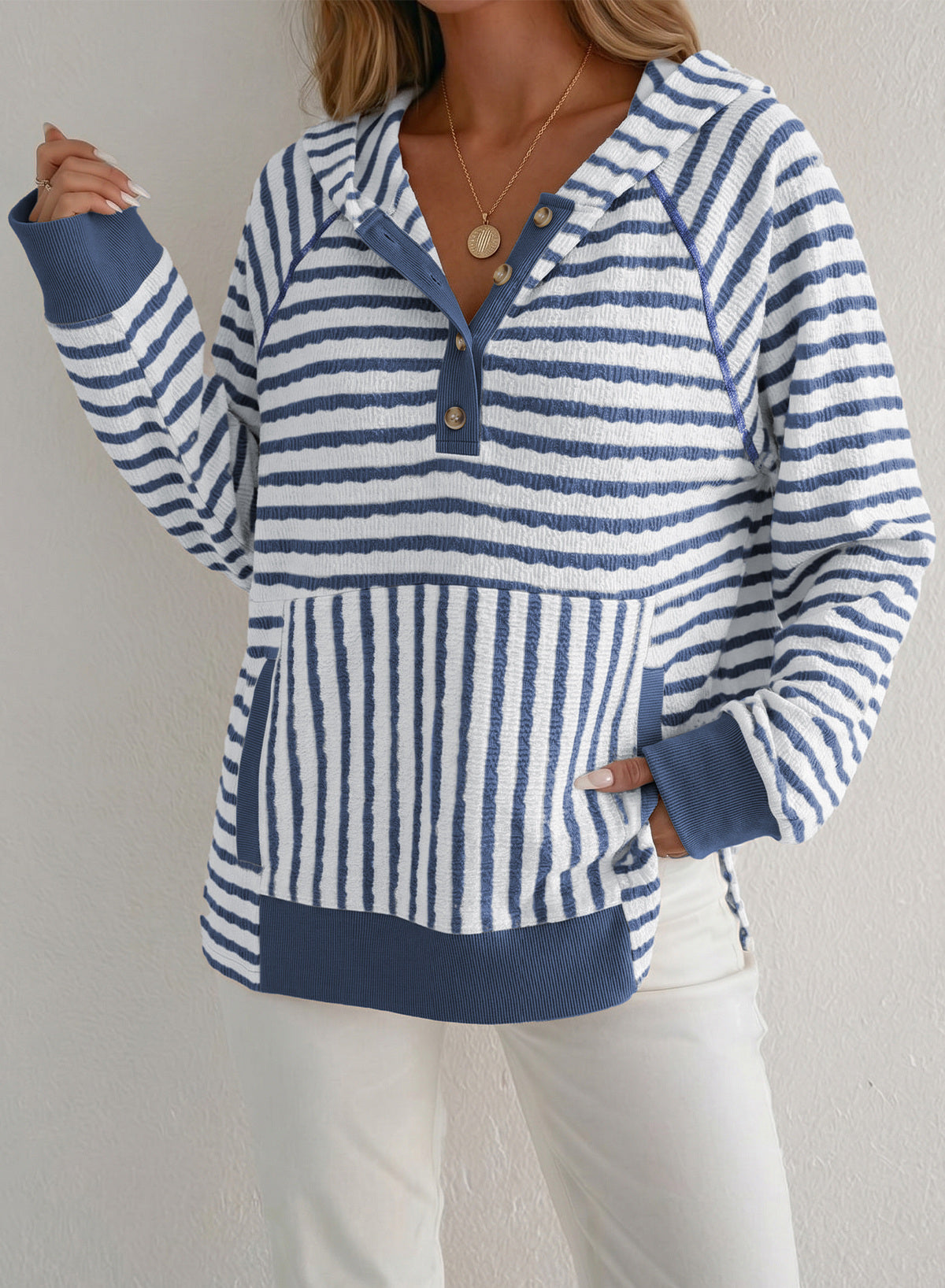 Dokotoo Women's Striped Hoodies V Neck Button Pullover Sweatshirt Tops