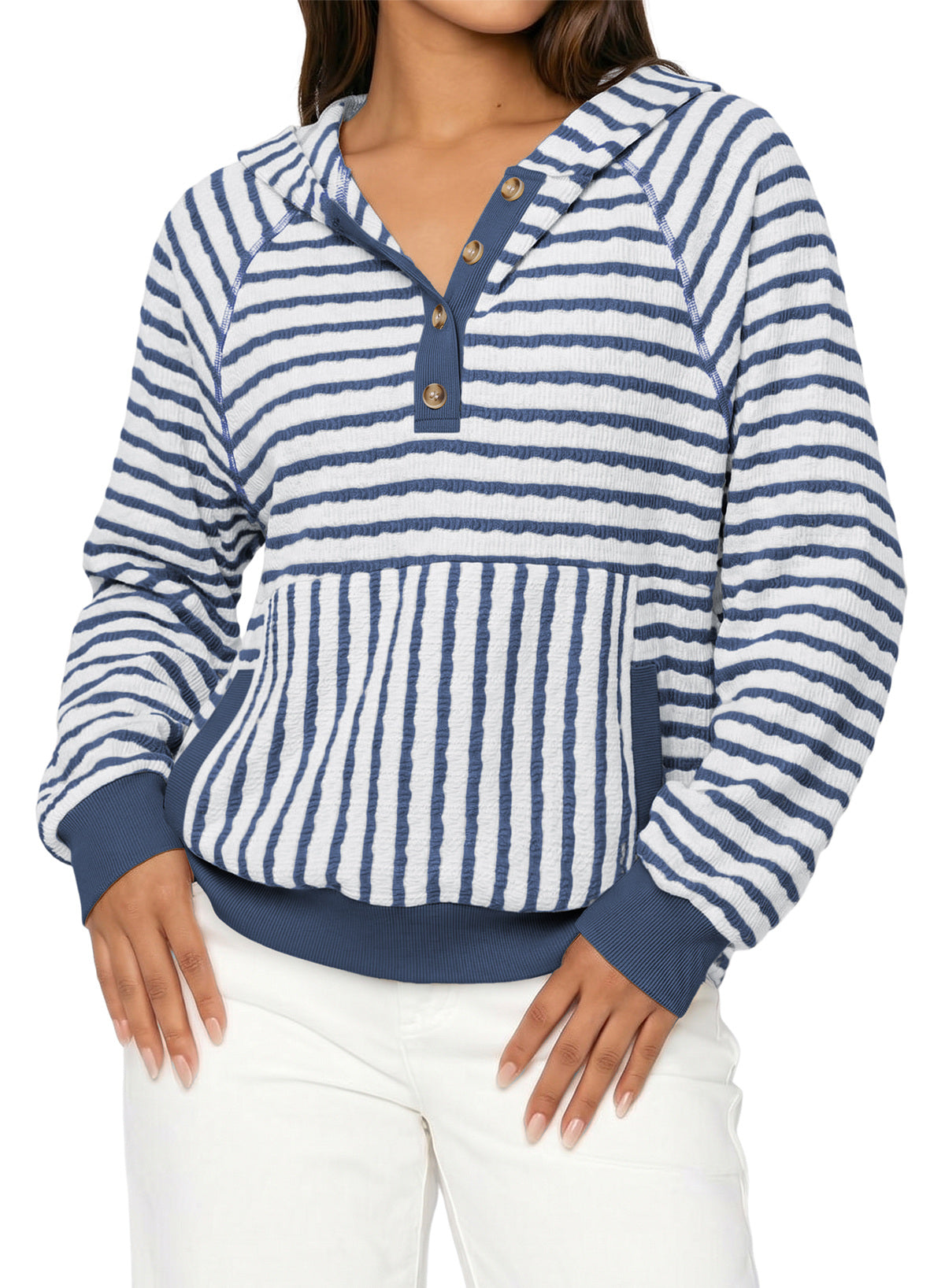 Dokotoo Women's Striped Hoodies V Neck Button Pullover Sweatshirt Tops