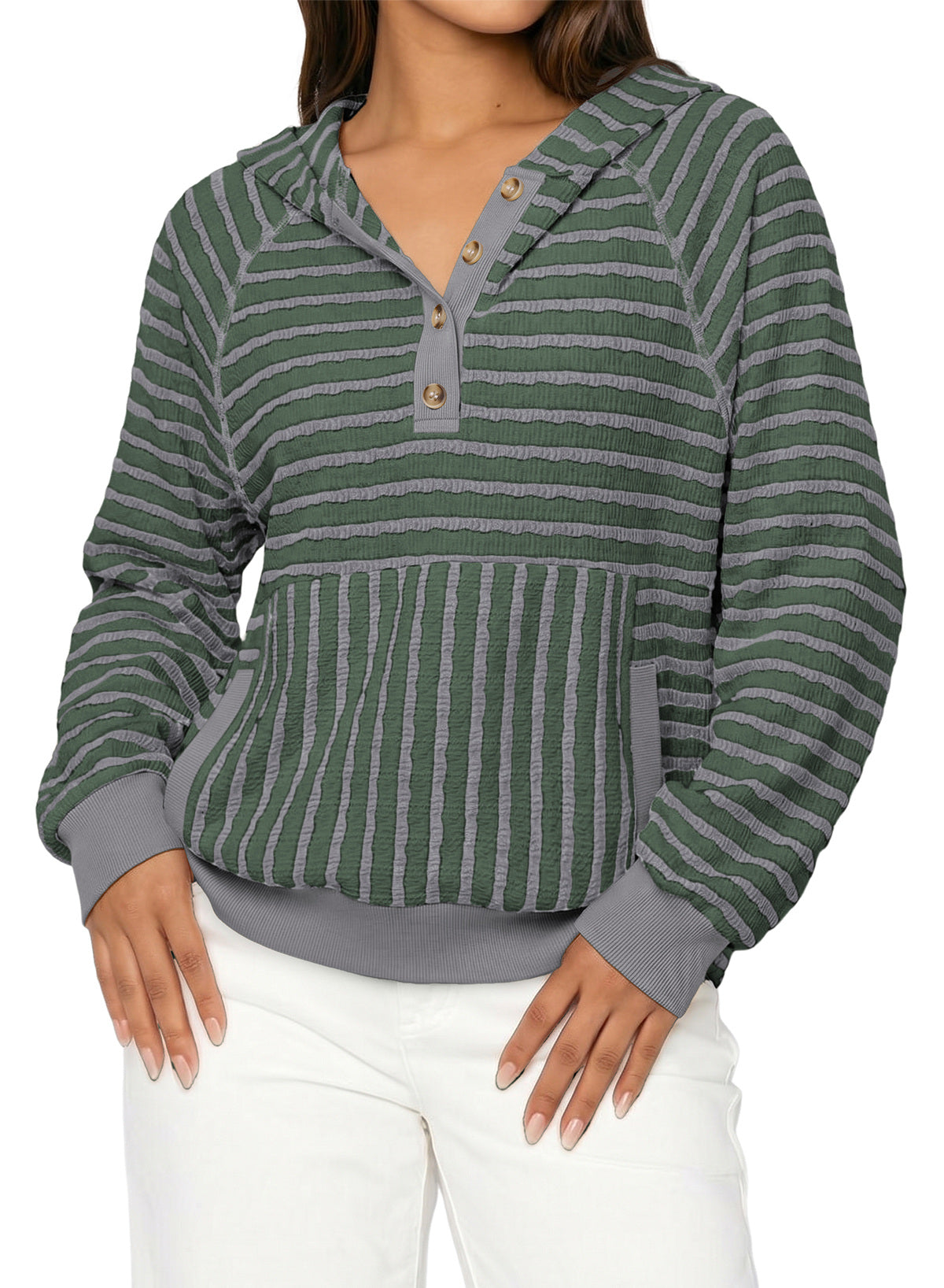 Dokotoo Women's Striped Hoodies V Neck Button Pullover Sweatshirt Tops