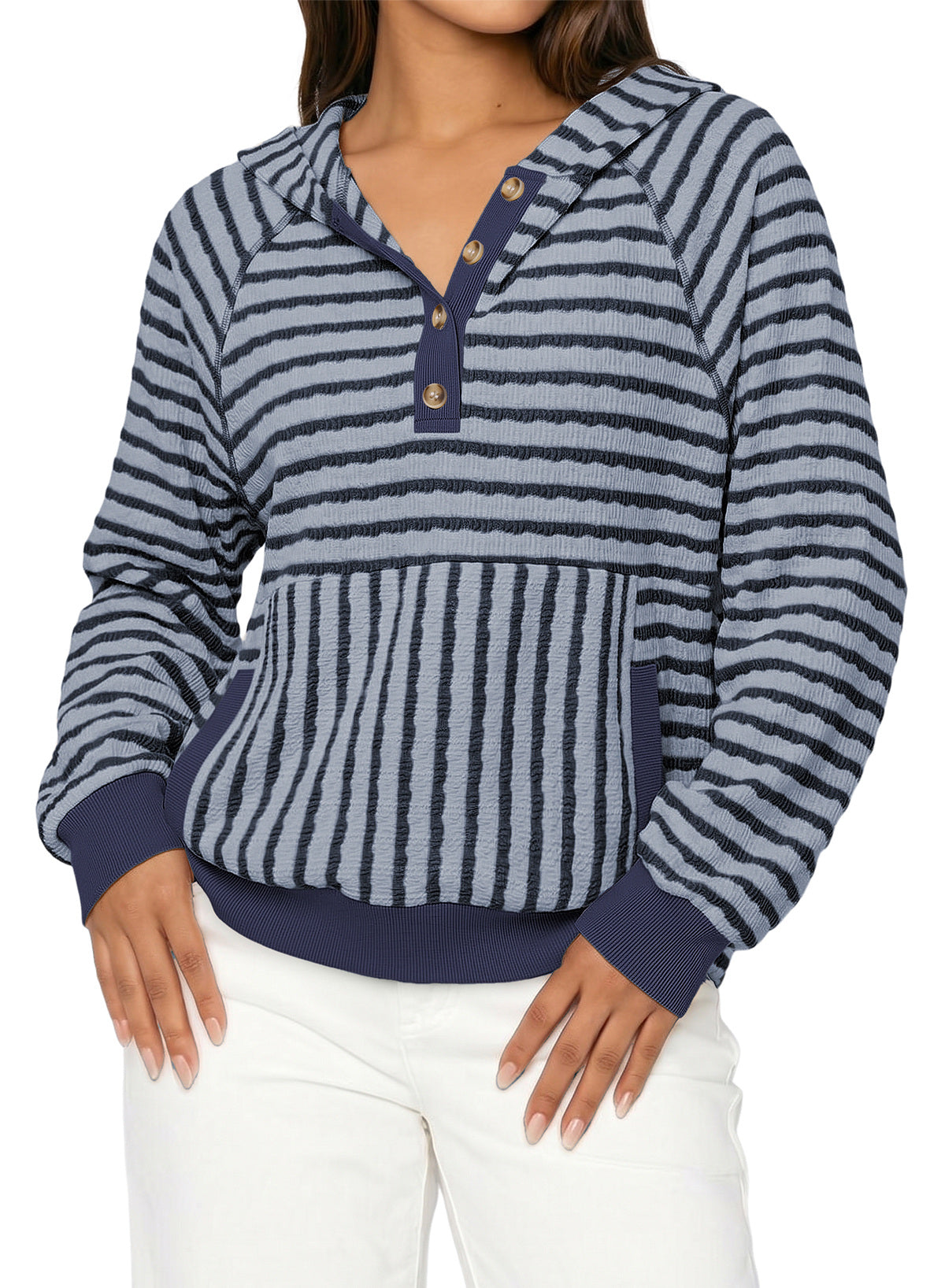 Dokotoo Women's Striped Hoodies V Neck Button Pullover Sweatshirt Tops