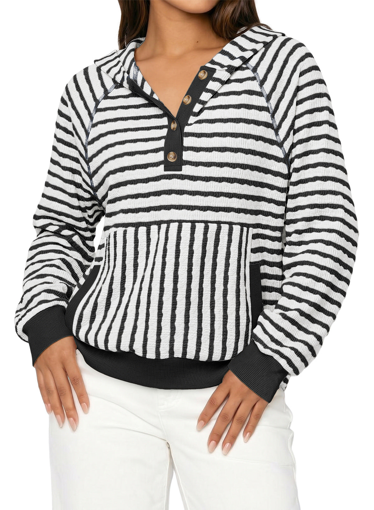 Dokotoo Women's Striped Hoodies V Neck Button Pullover Sweatshirt Tops