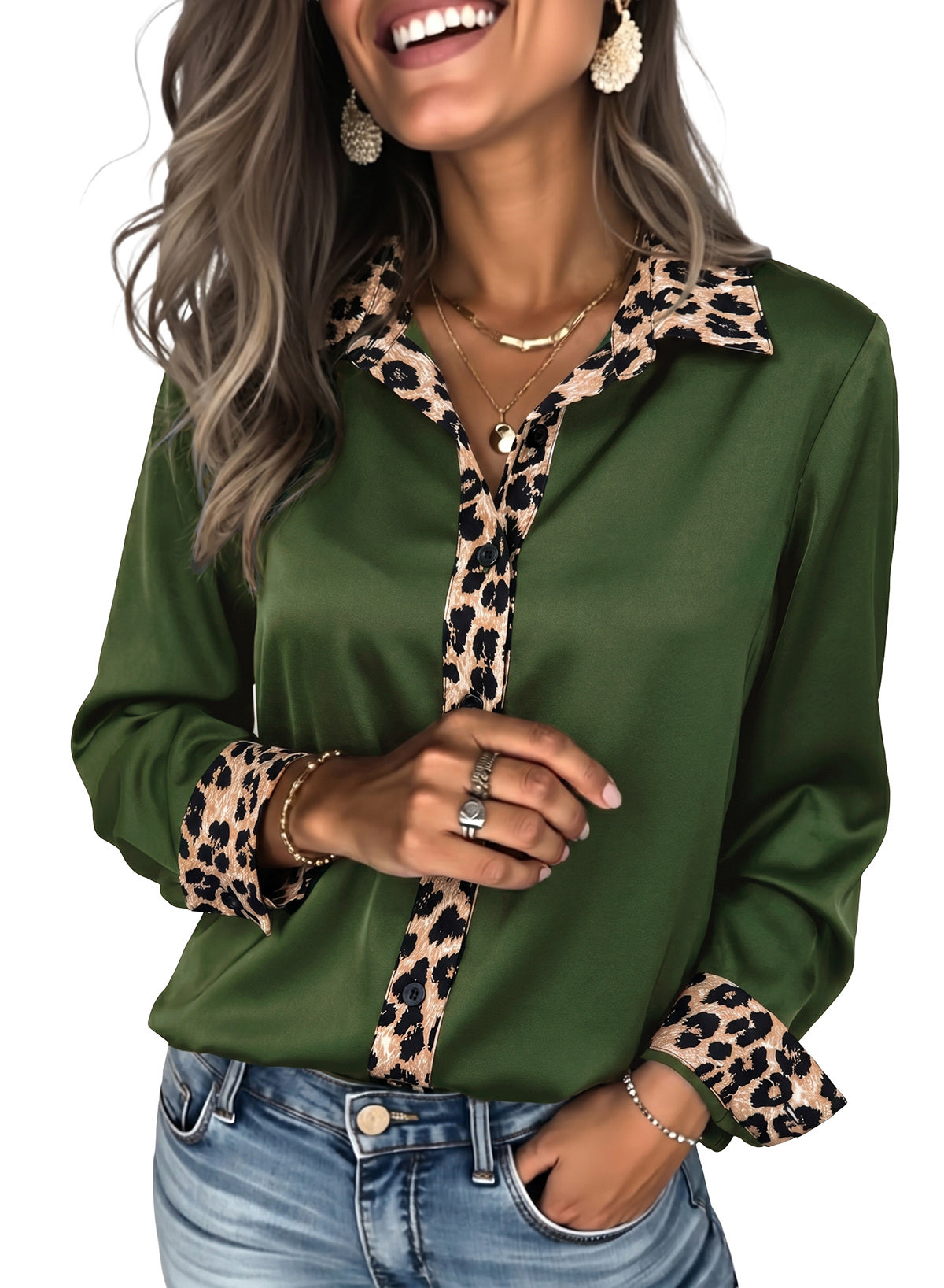 Dokotoo Womens Tops Business Casual Outfits Long Sleeve V Neck Button Down Shirts Satin Leopard Print Elegant Work Blouses