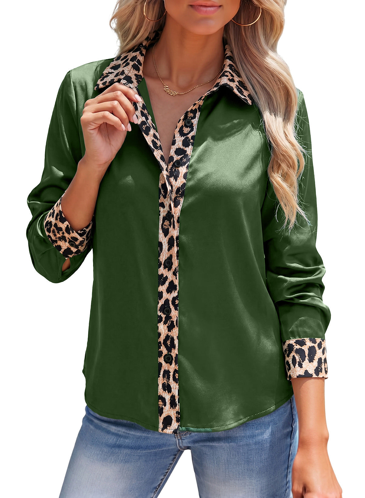 Dokotoo Womens Tops Business Casual Outfits Long Sleeve V Neck Button Down Shirts Satin Leopard Print Elegant Work Blouses