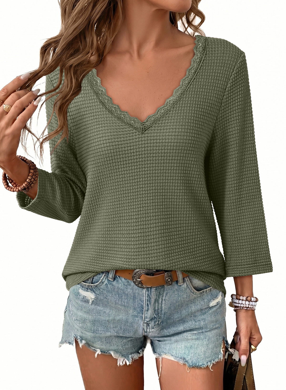 Women Casual Waffle Lace Splice 3/4 Sleeve Tops