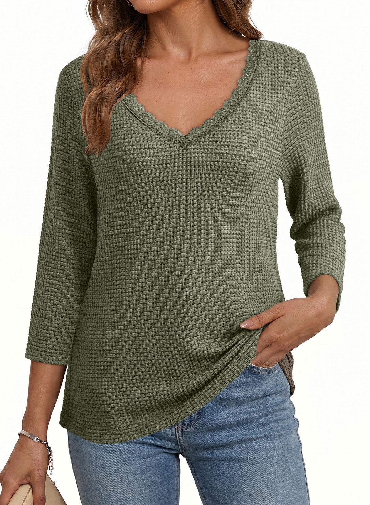 Women Casual Waffle Lace Splice 3/4 Sleeve Tops