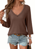 Women Casual Waffle Lace Splice 3/4 Sleeve Tops