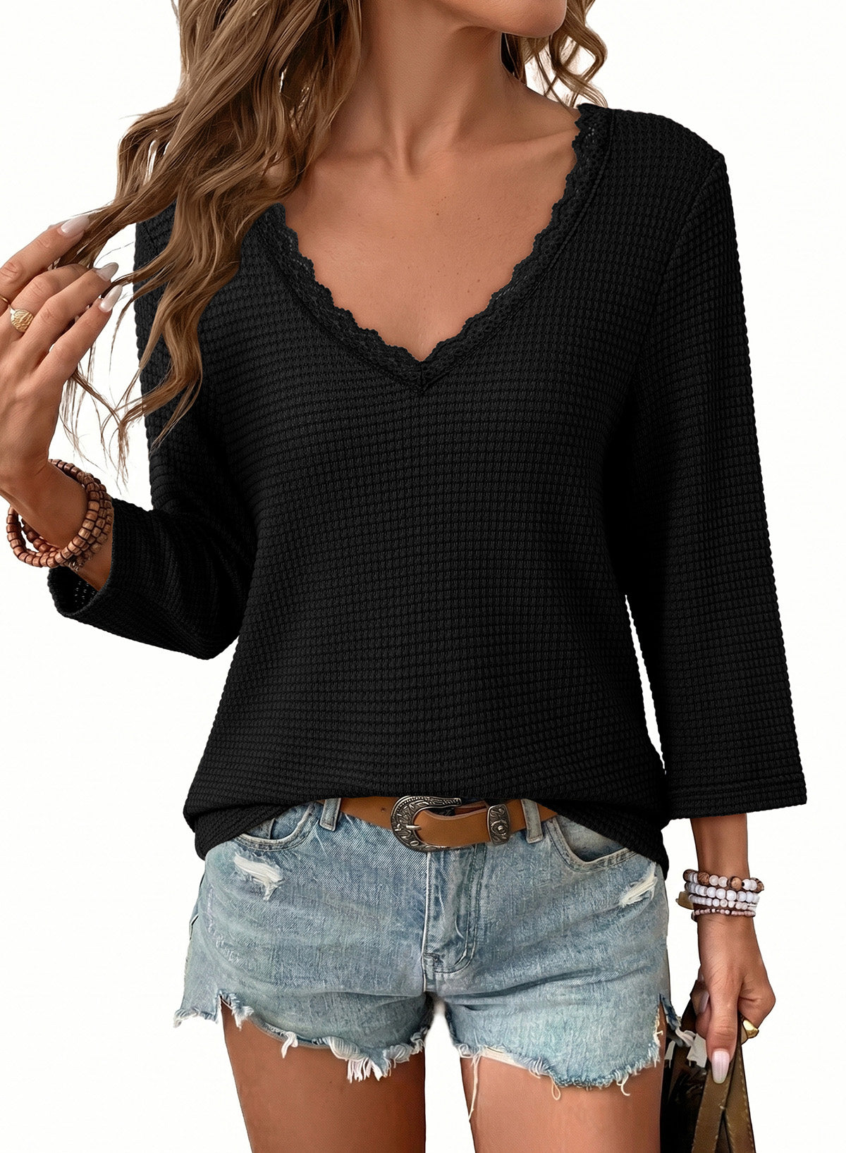 Women Casual Waffle Lace Splice 3/4 Sleeve Tops