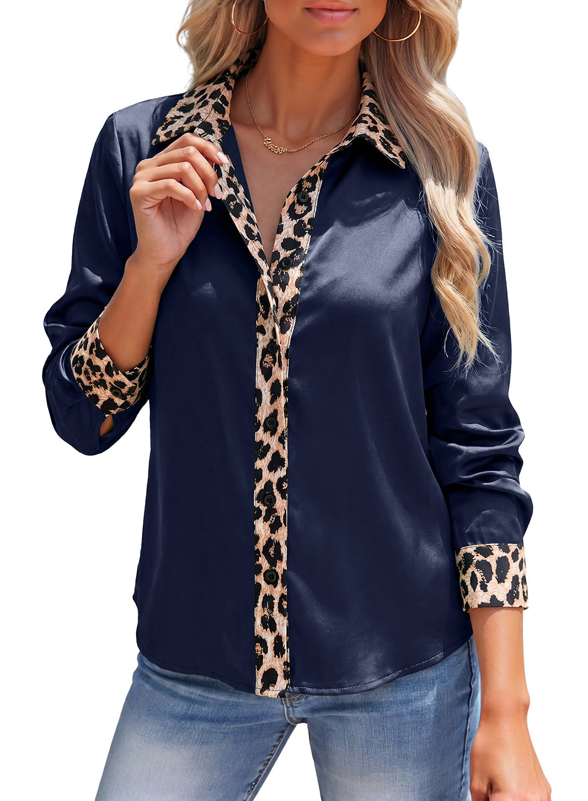 Dokotoo Womens Tops Business Casual Outfits Long Sleeve V Neck Button Down Shirts Satin Leopard Print Elegant Work Blouses