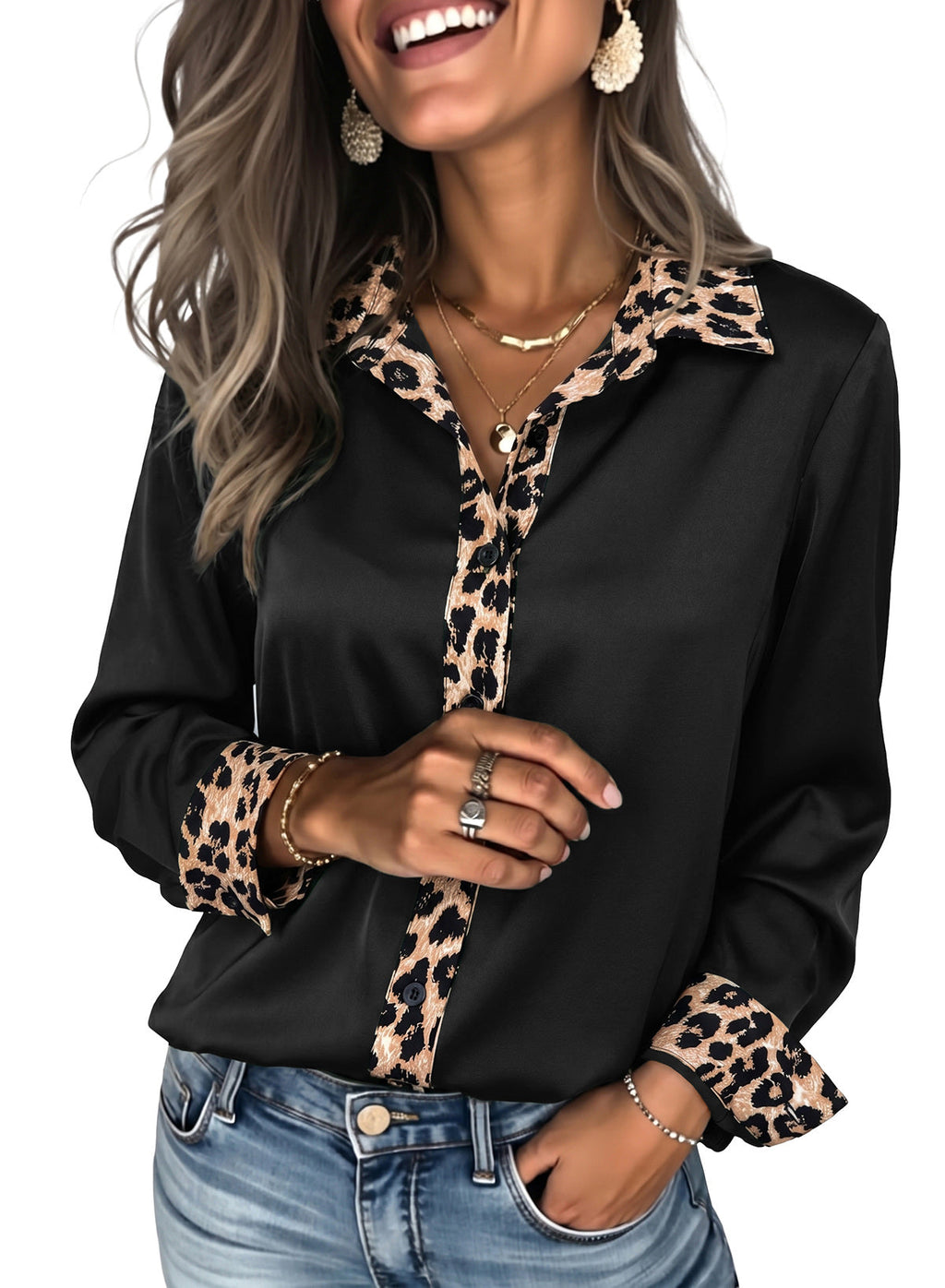 Dokotoo Womens Tops Business Casual Outfits Long Sleeve V Neck Button Down Shirts Satin Leopard Print Elegant Work Blouses